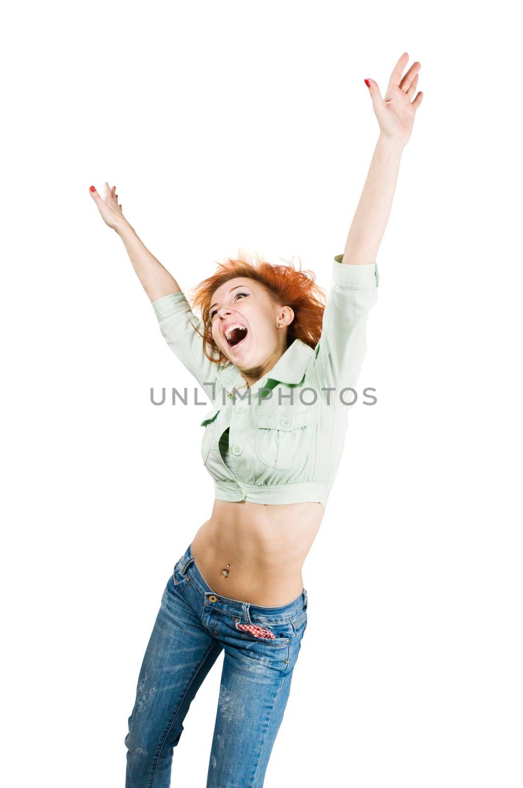 Excited dancing red girl in the studio