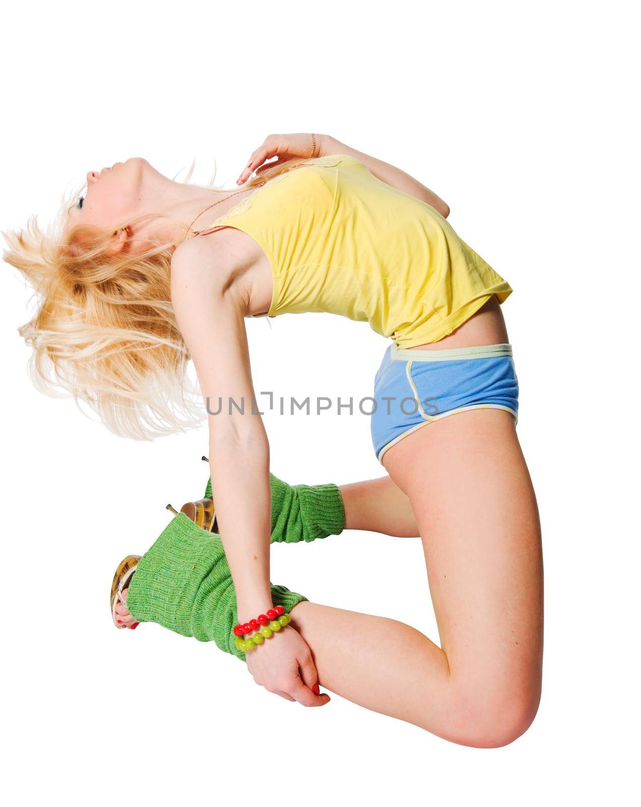 Beautiful dancer wearing yellow dress isolated on white