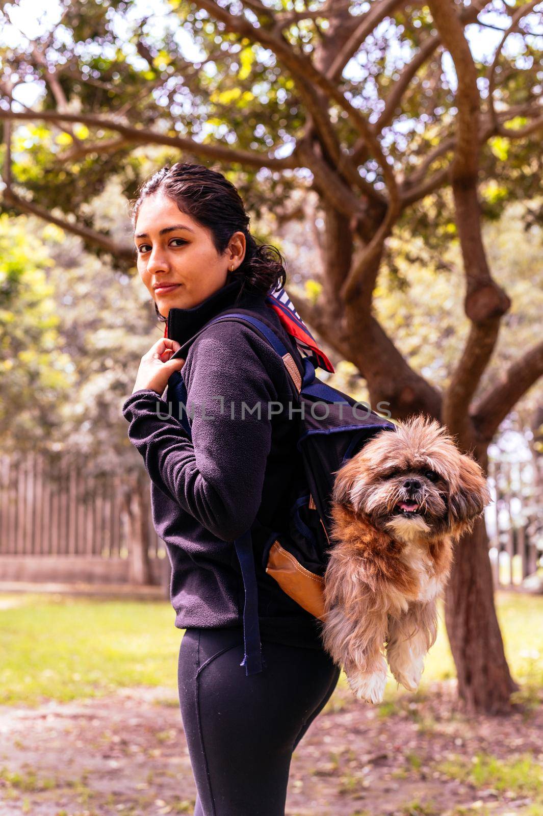 A charming young woman walks in nature, with a backpack on her shoulder, from which her dog peeks out. by Peruphotoart
