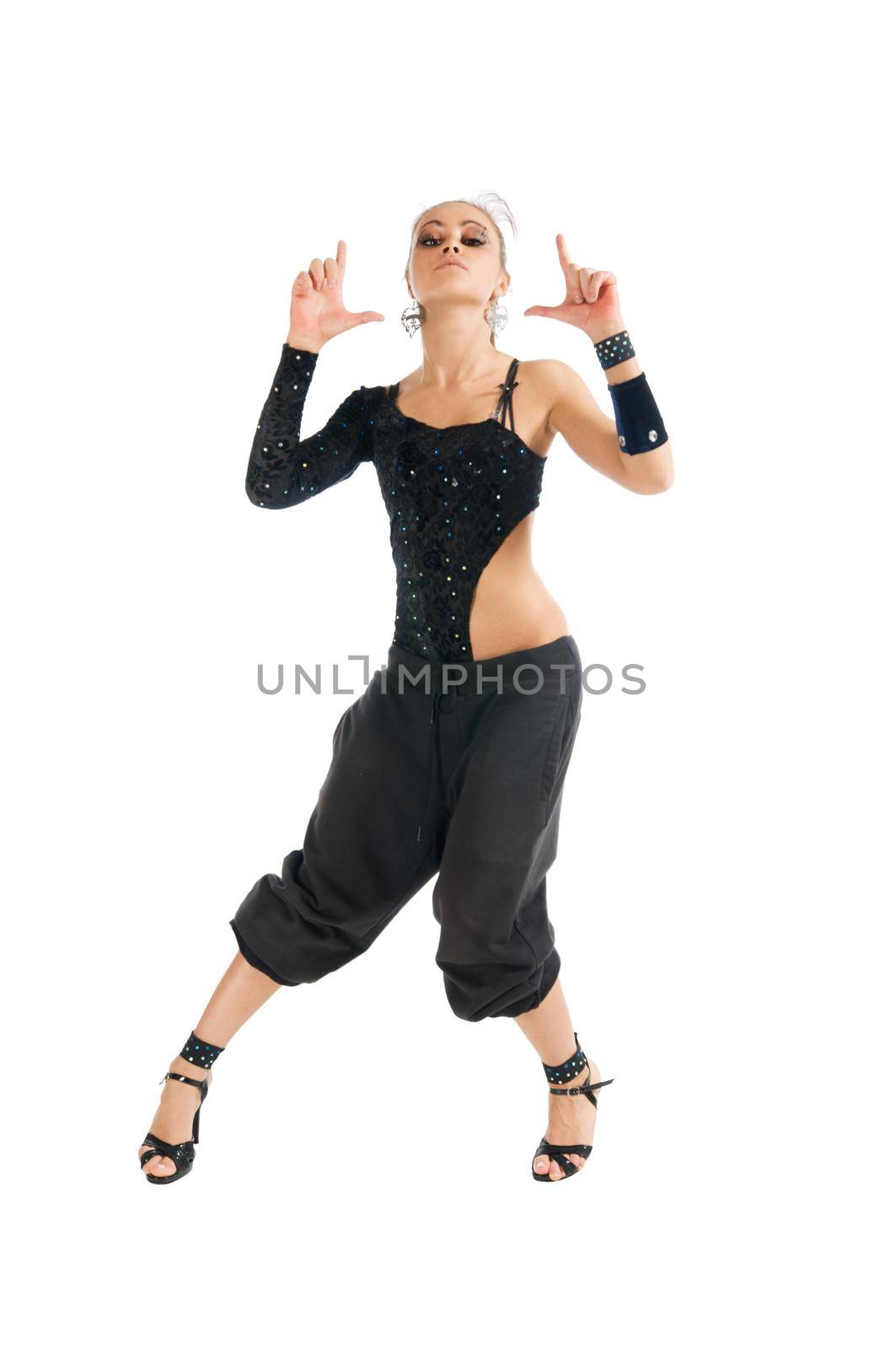 Modern dancer wearing black clothes on white background