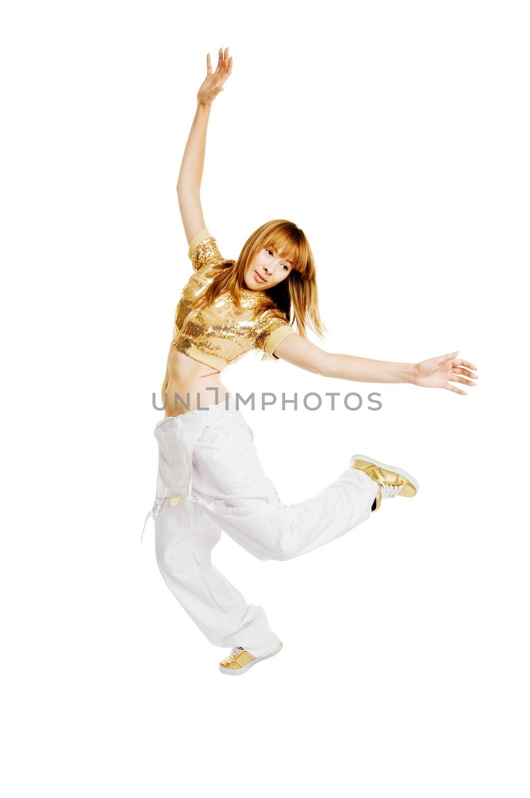 Beautiful blond dancer isolated on white background