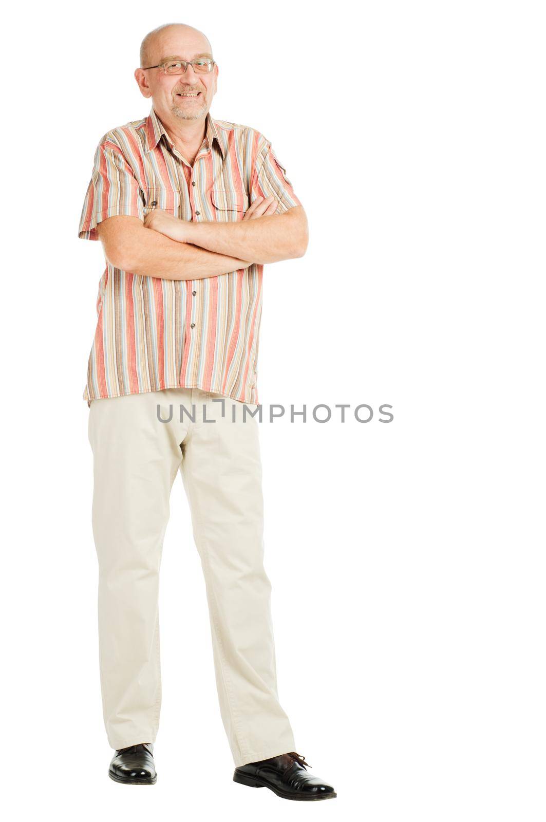 Tall mature man posing on white background