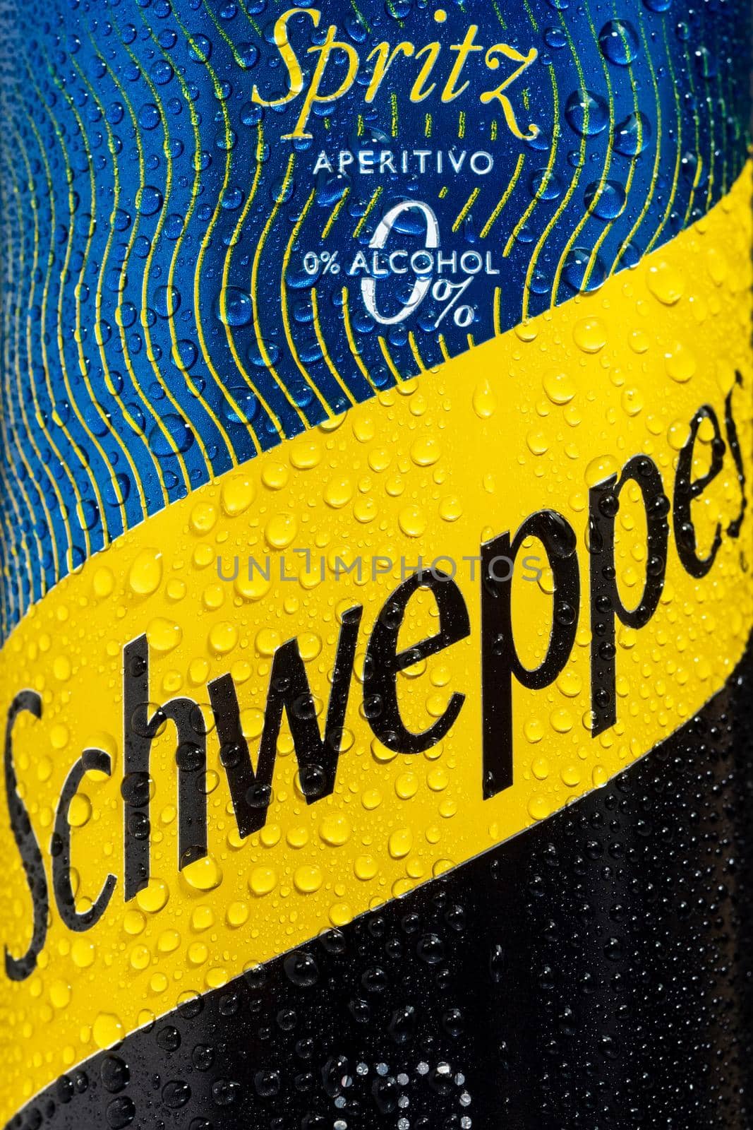 Tyumen, Russia-May 25, 2021: Can of the Schweppes logo close up. Water drops. Vertical photo by darksoul72