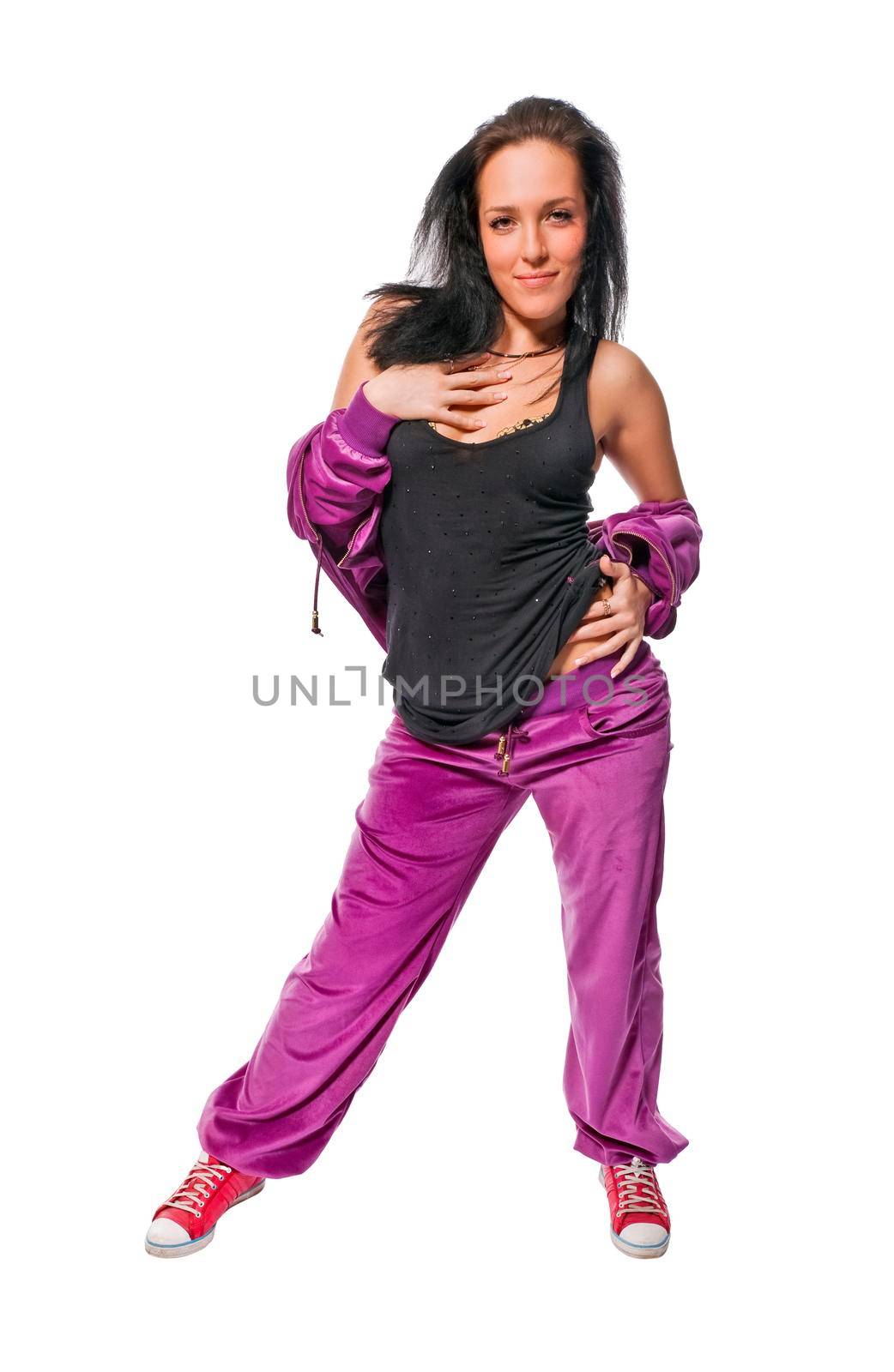 Hot brunette dancer isolated on white background