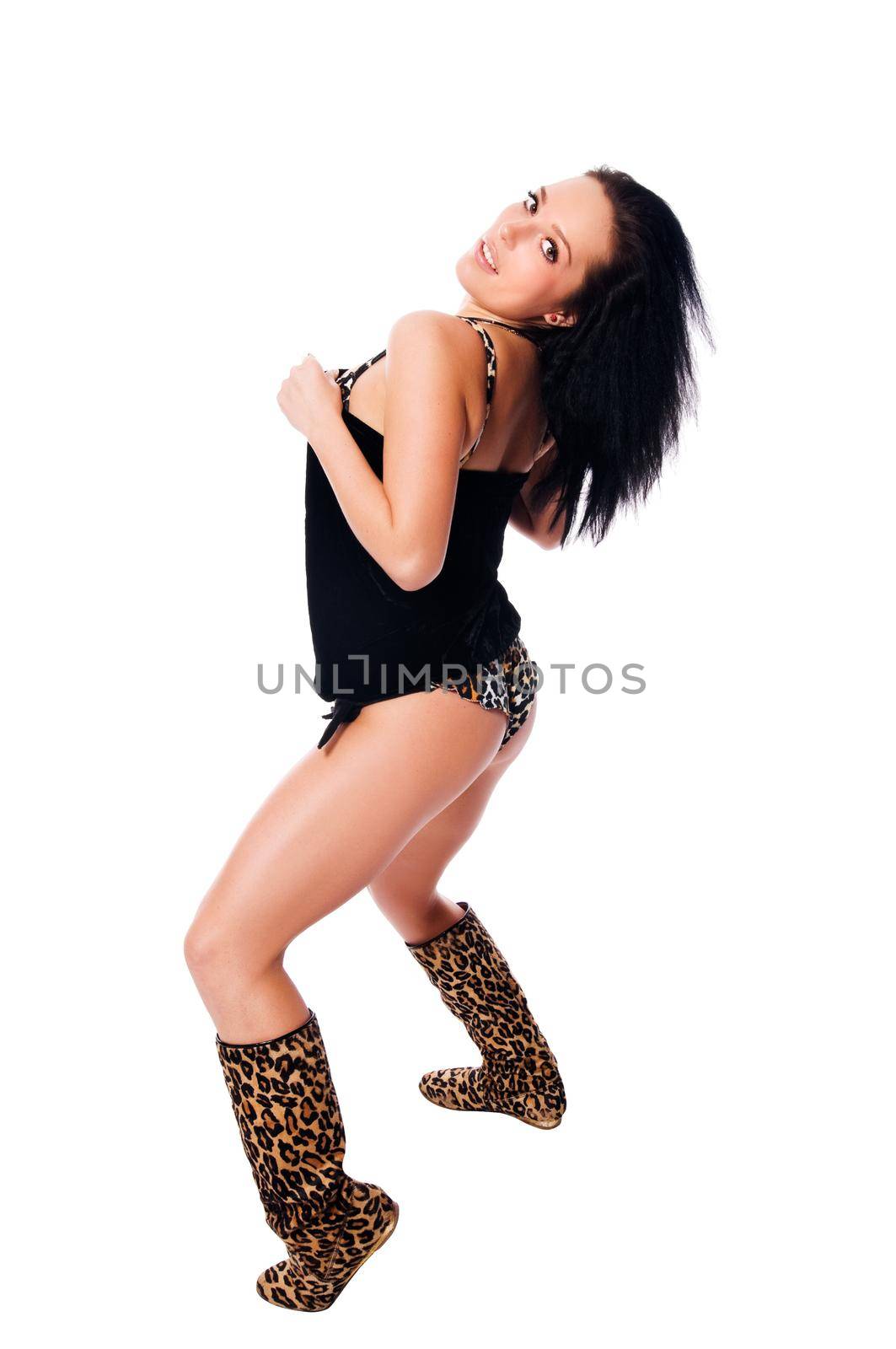 Hot brunette dancer isolated on white background