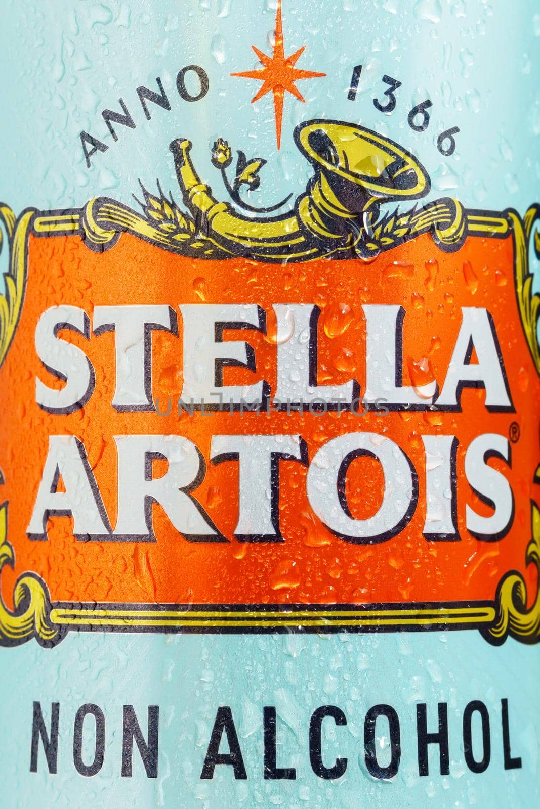 Tyumen, Russia-april 17, 2021: Stella Artois beer can non alcohol. great Belgium beer. Vertical photo by darksoul72