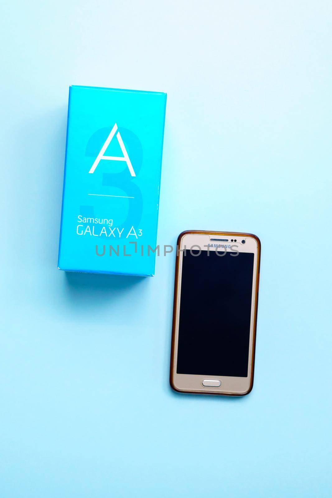Tyumen, Russia-August 24, 2021: Samsung Galaxy A3 smartphone. Samsung Group is a South Korean. Vertical photo by darksoul72