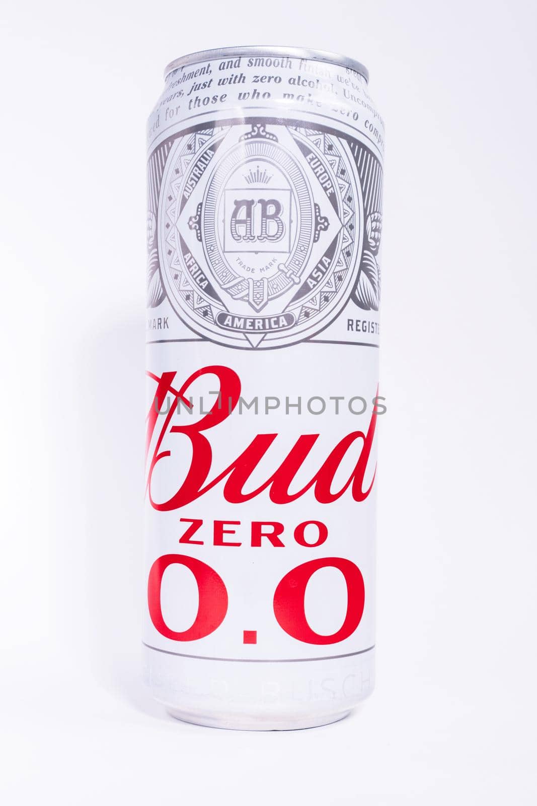 Tyumen, Russia-april 26, 2021: Metal can bud beer isolated on white. produced by Anheuser-Busch, presented in St. Louis. close-up by darksoul72