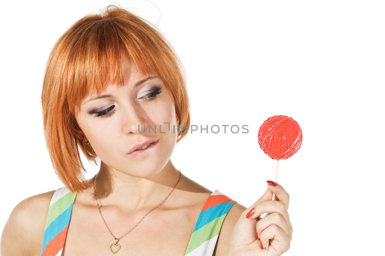 beautiful red-haired girl isolated on white background