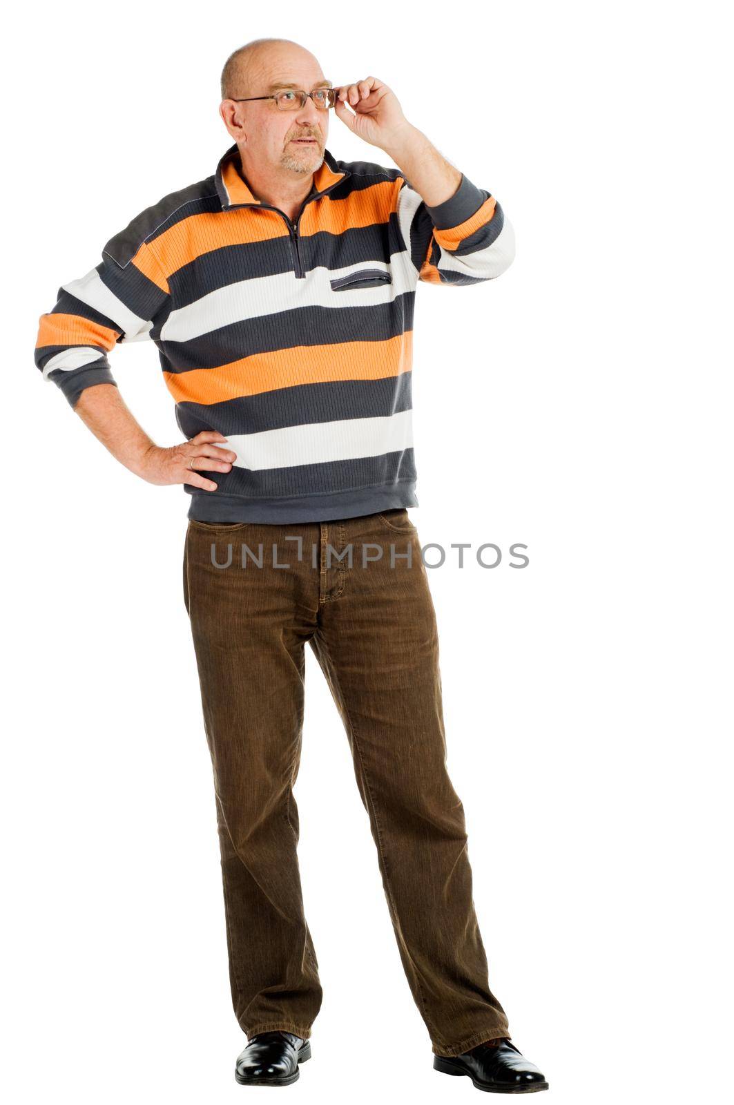 Tall mature man posing on white background