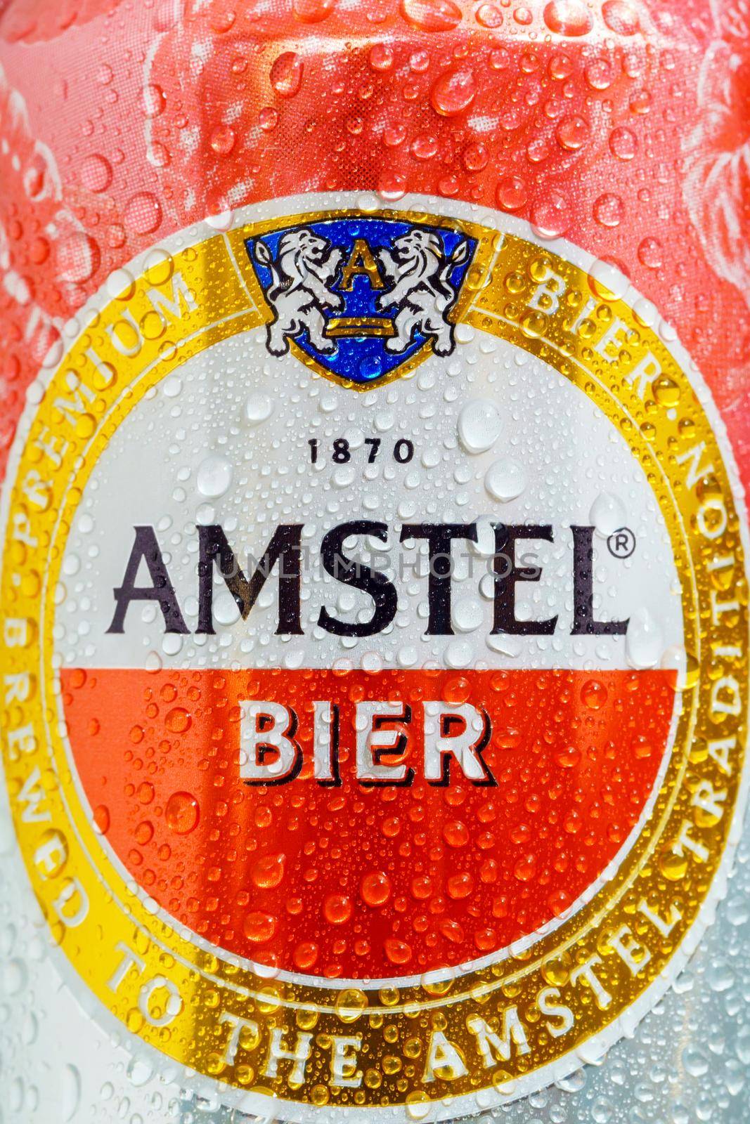 Tyumen, Russia-May 25, 2021: Amstel beer can logo. Vertical photo Macro