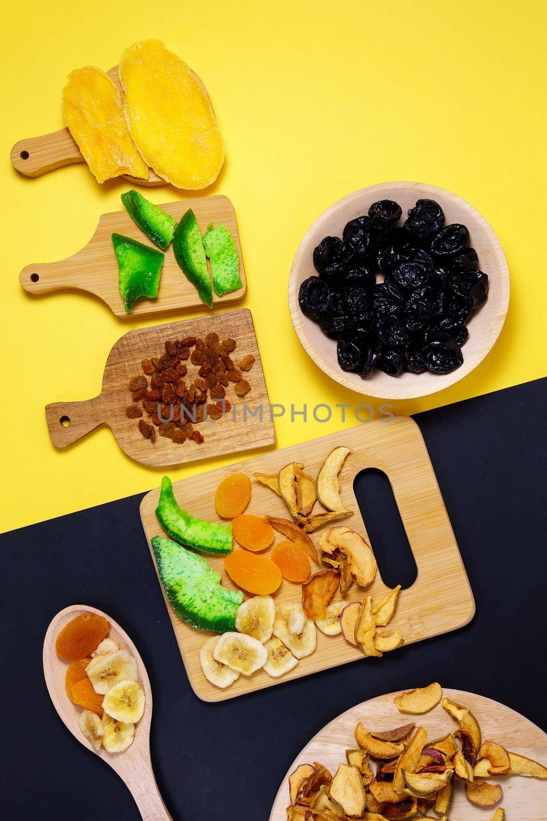 Mixture of dried fruits. Symbols of the Jewish holiday Tu Bishvat. Thanksgiving Day. Flat lay, top view by darksoul72
