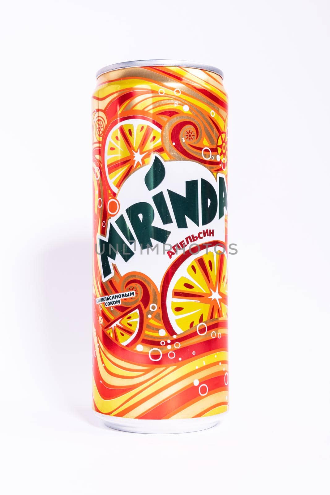 Tyumen, Russia-May 25, 2021: Mirinda can isolated on a white background. Mirinda produced by PepsiCo Inc.