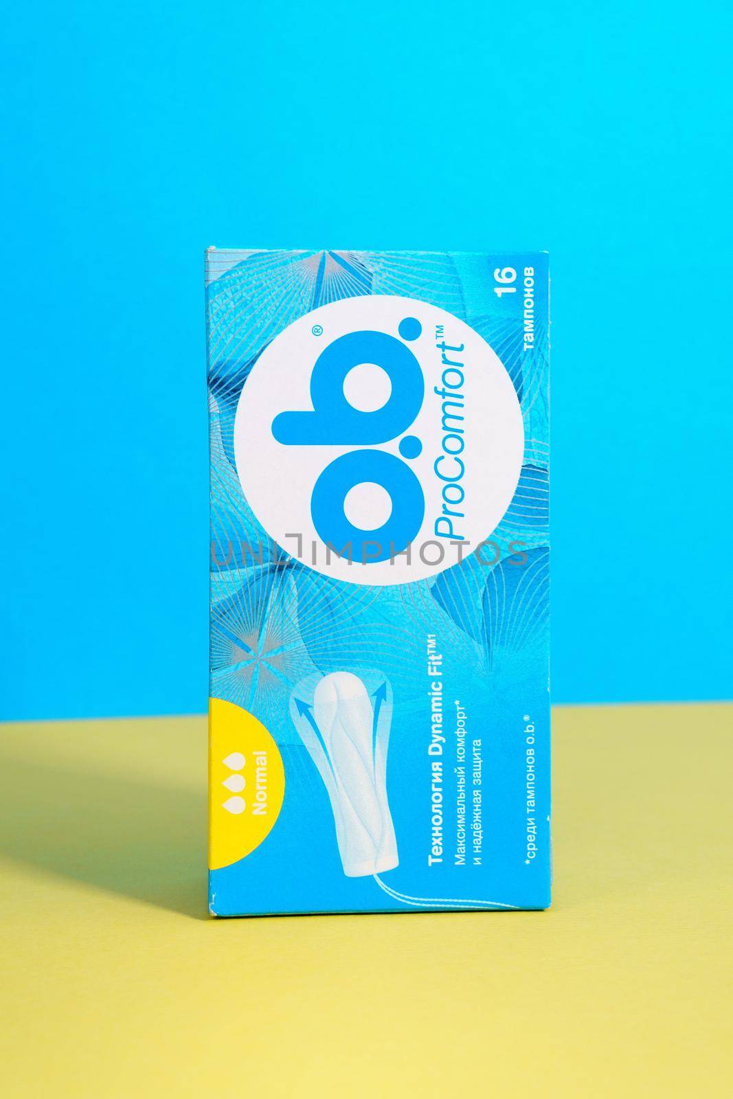 Tyumen, Russia-april 17, 2021: O.B. tampons, a global brand of feminine hygiene products or personal. Yellow blue background by darksoul72