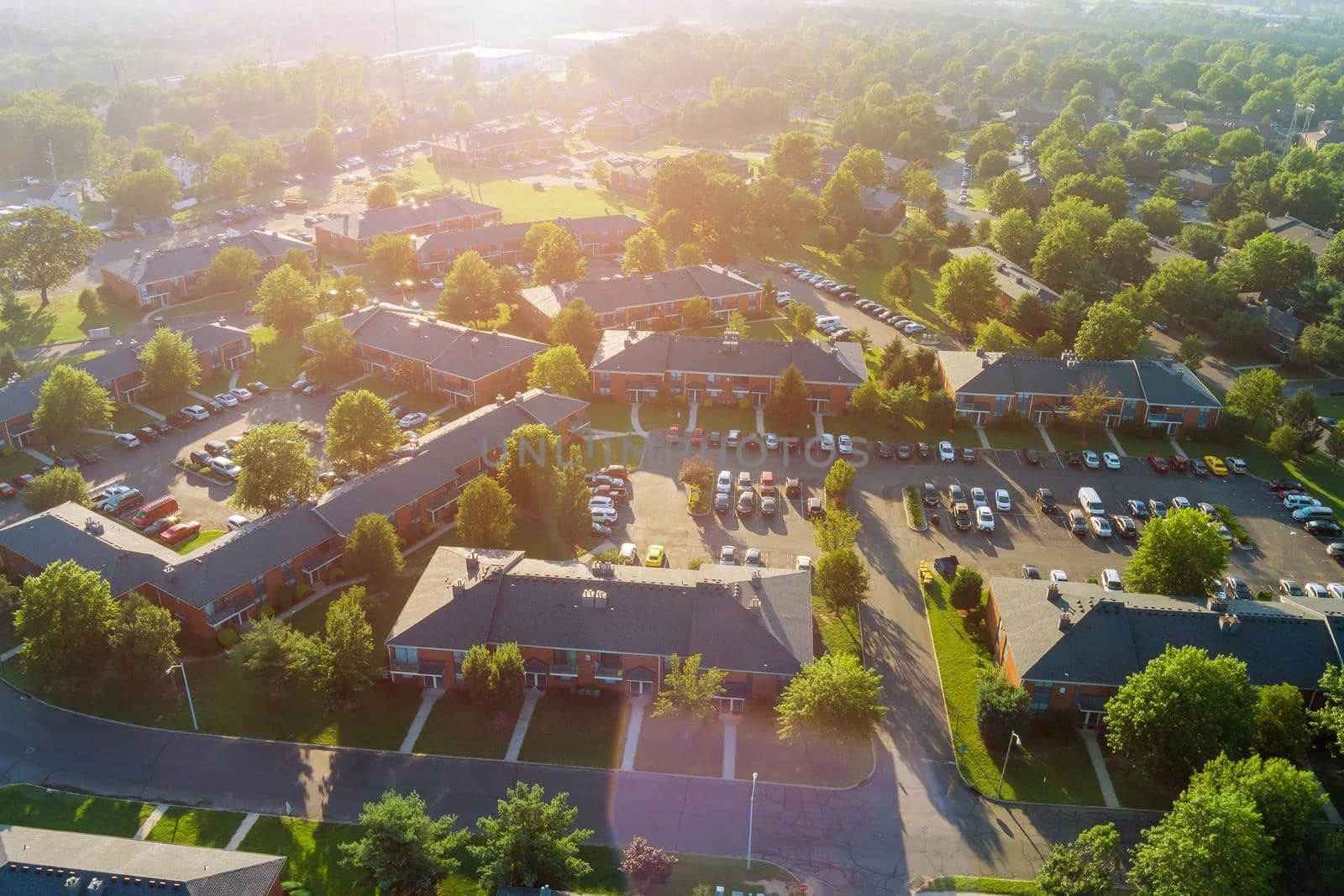 Panoramic view of view at sunset from the height roofs small town of houses of bird flight NJ USA