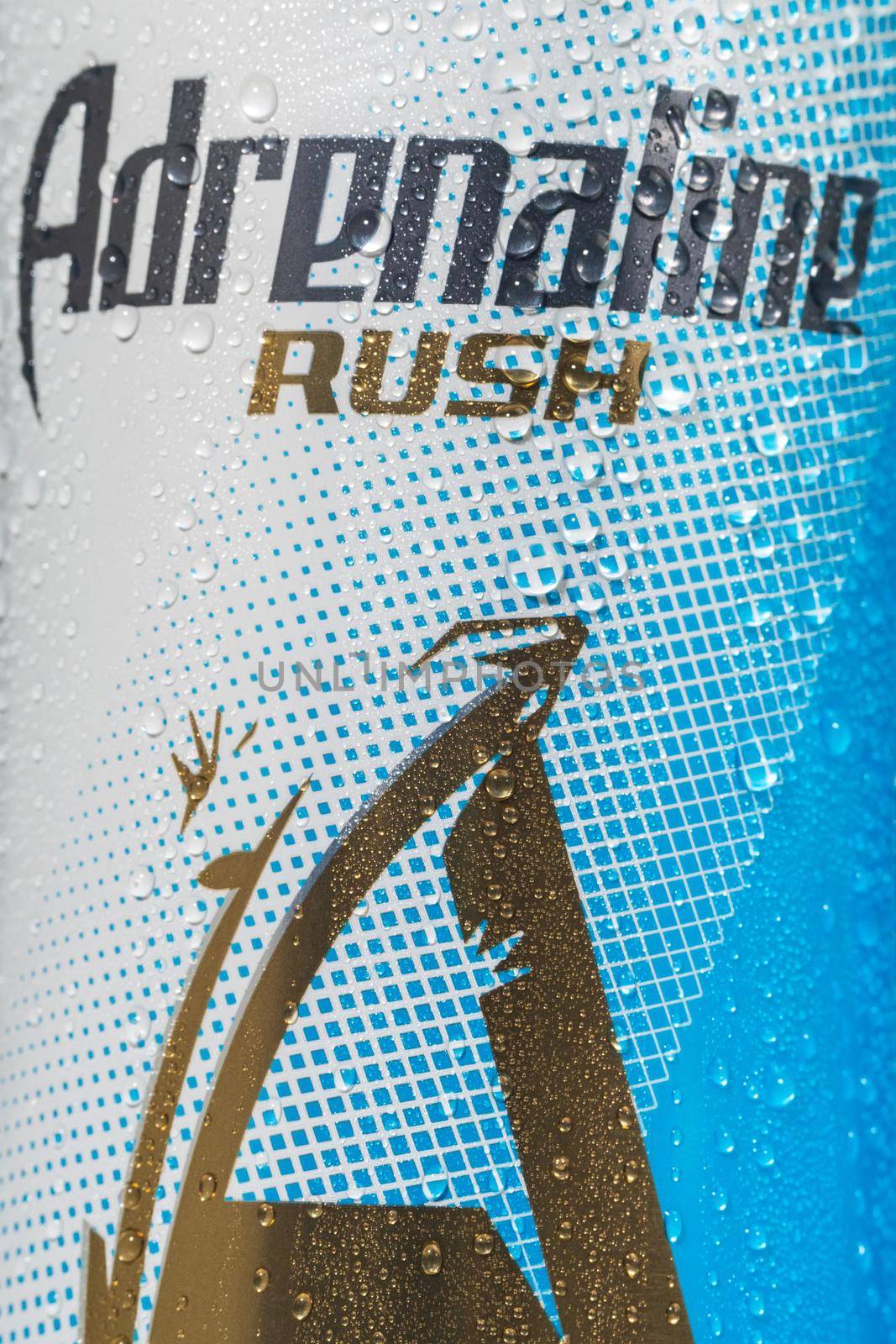 Tyumen, Russia-May 25, 2021: Adrenaline Rush energy drink Zero Sugar. Logo close up by darksoul72