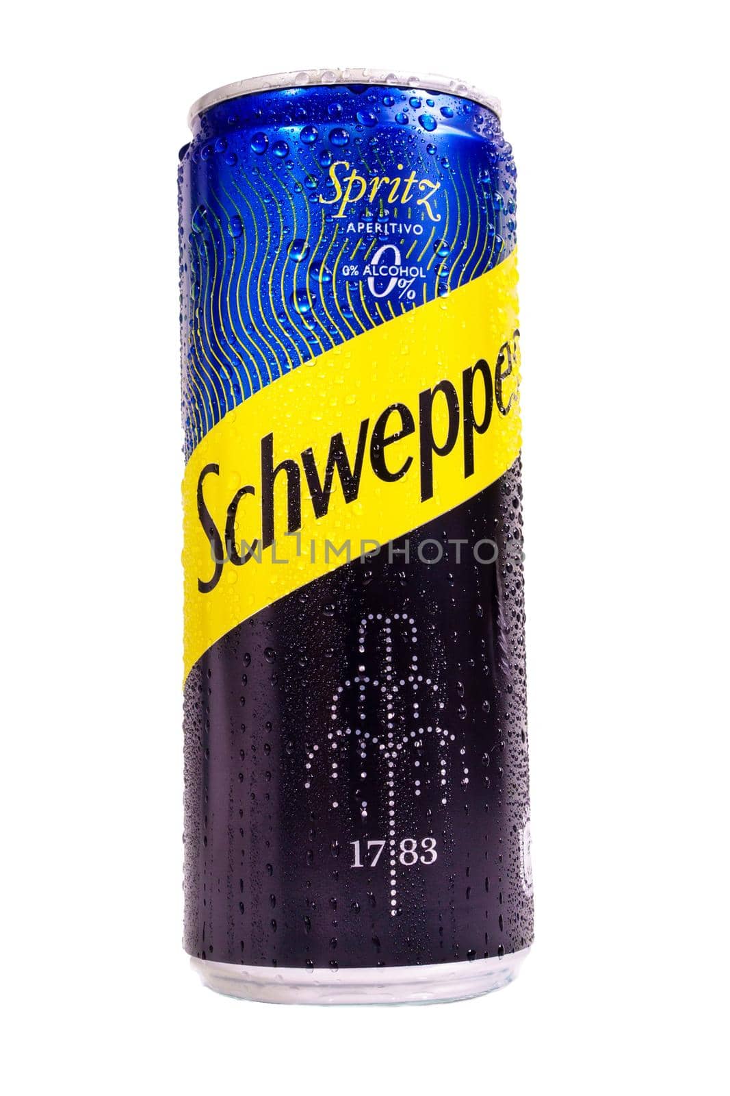 Tyumen, Russia-May 25, 2021: Aluminum can of the Schweppes Close-up logo. Isolated on white