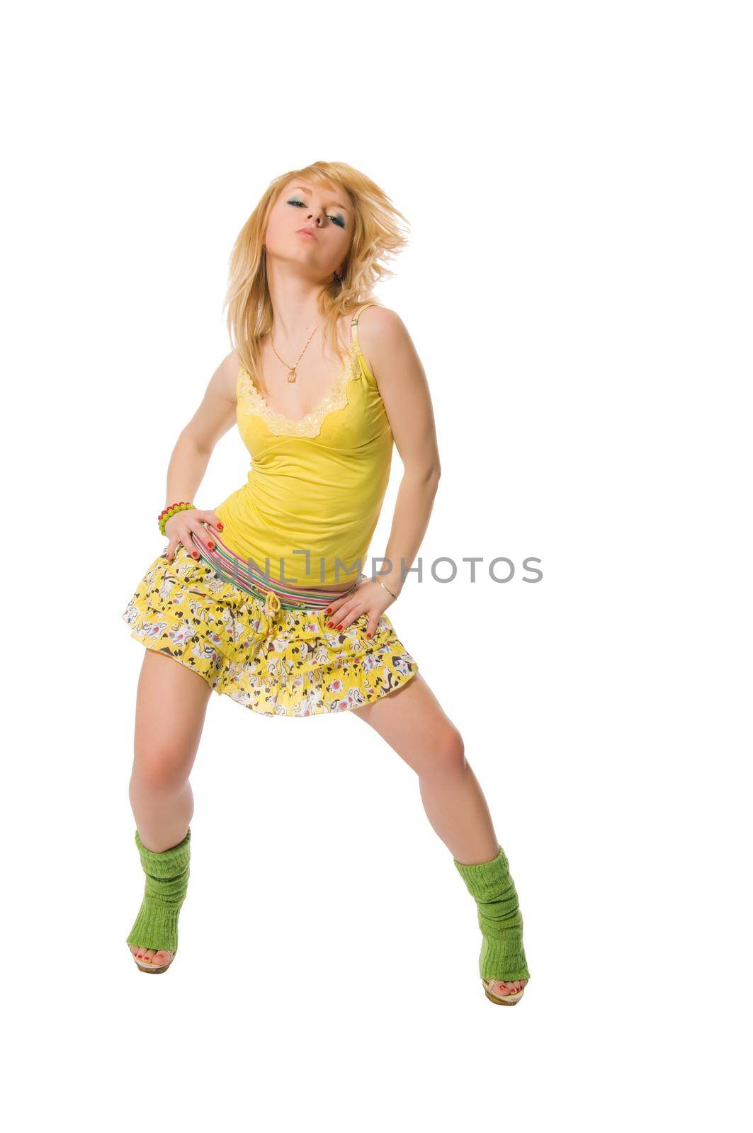 Beautiful stripper wearing yellow dress on white background by nikitabuida