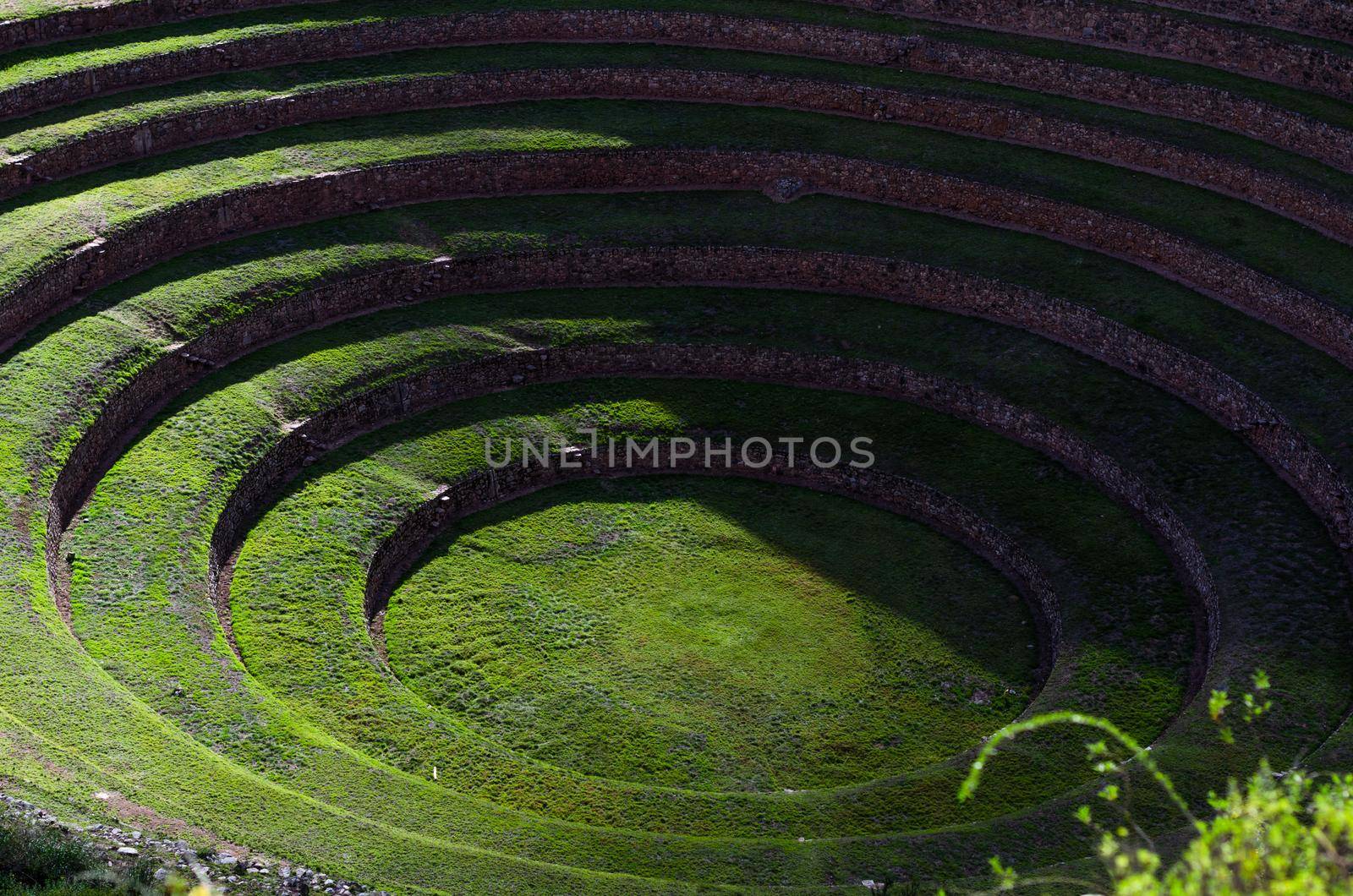 Archaeological site of Moray in the Sacred Valley of Cusco. Historians believe that these terraces were used for agricultural experiments. General travel images for Peru.