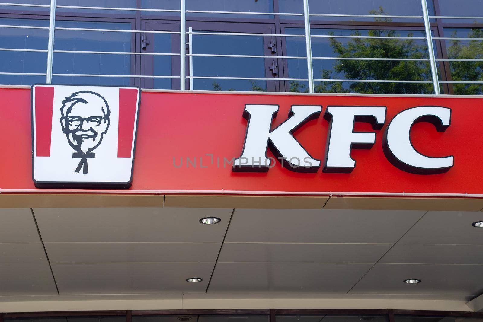 Tyumen, Russia-May 16, 2021: KFC with logo close-up. Fast food restaurant by darksoul72