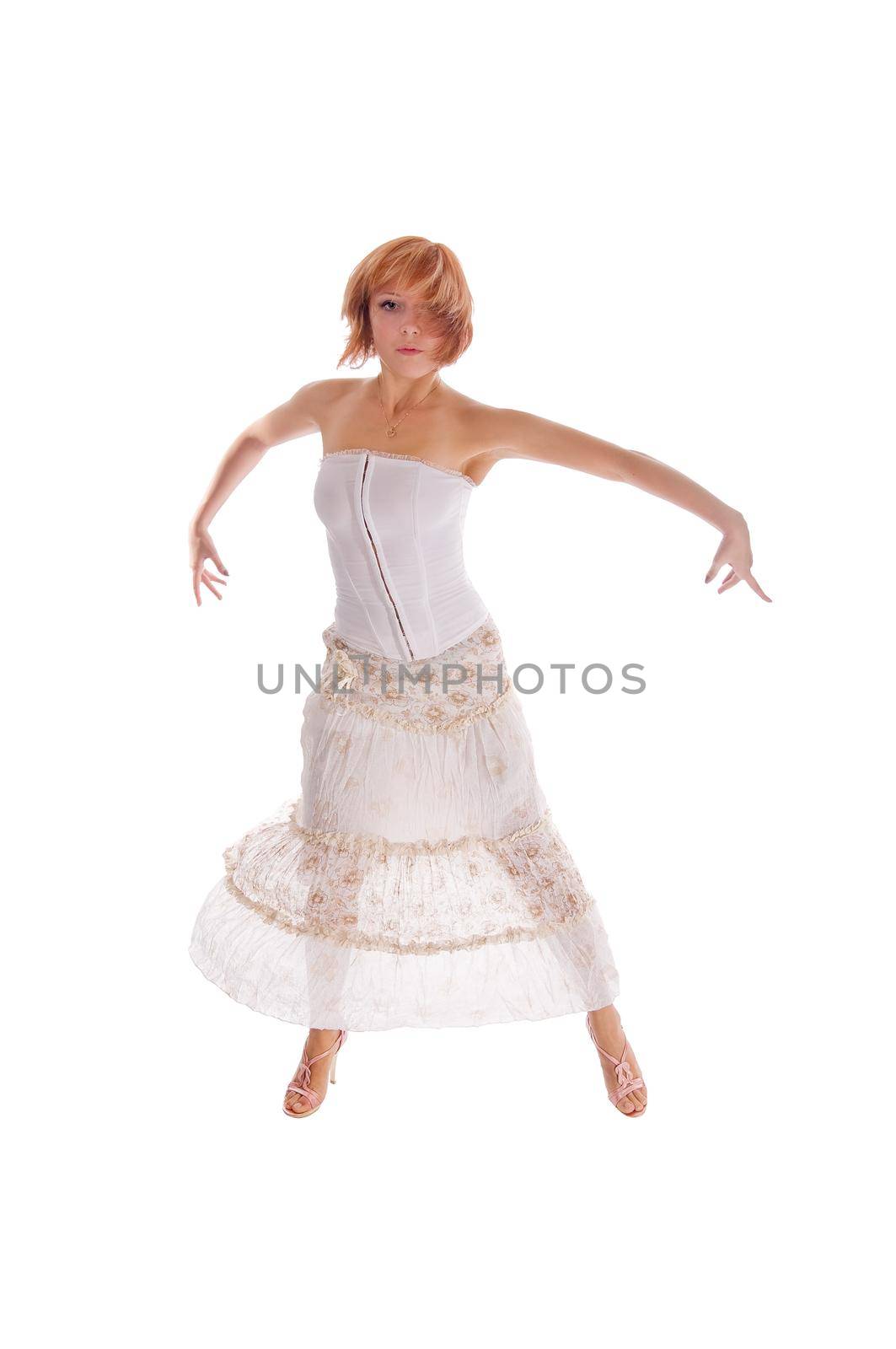 Red haired dancer isolated on white background