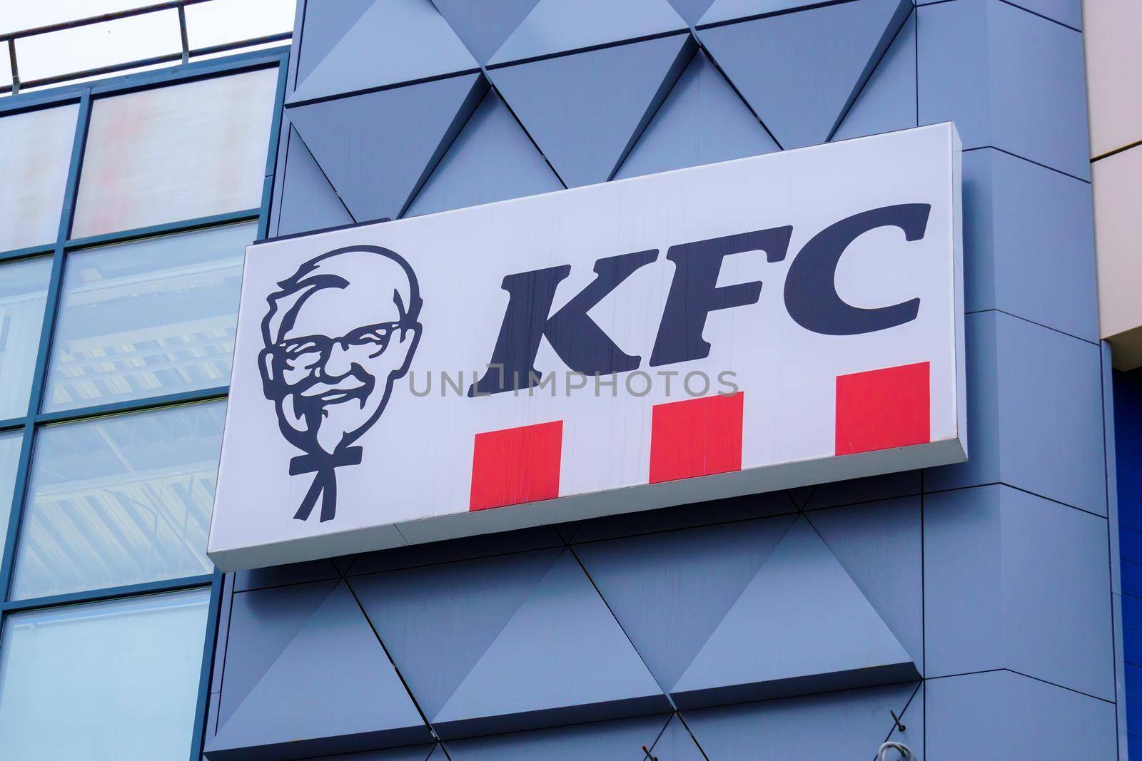 Tyumen, Russia-August 09, 2021: KFC fast food restaurant. Kentucky Fried Chicken KFC.