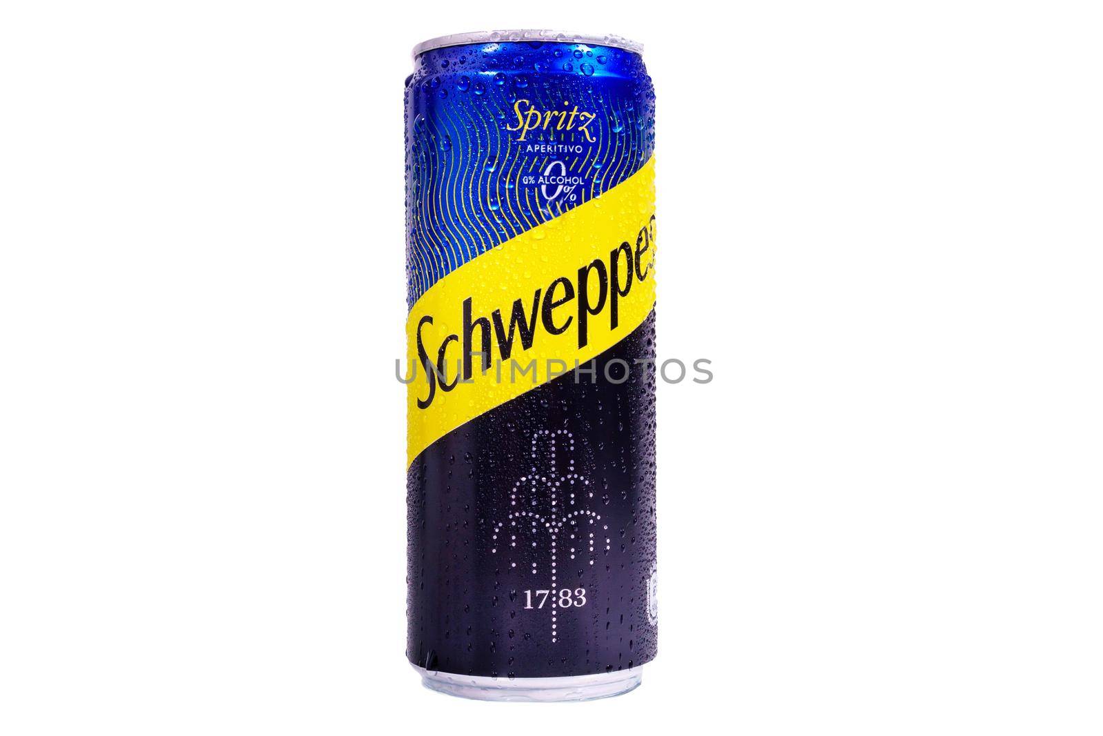 Tyumen, Russia-May 25, 2021: Can of the Schweppes logo close up. Water drops. Isolated on white by darksoul72