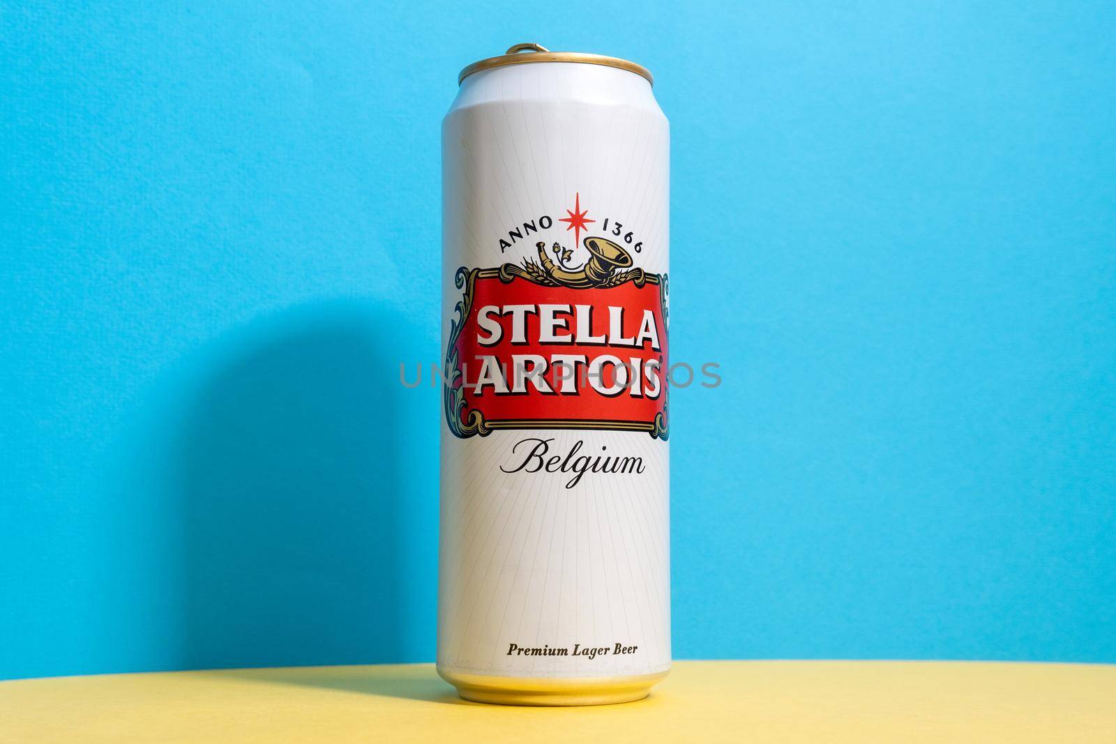 Tyumen, Russia-april 17, 2021: Stella Artois Beer can closeup. Stella has been brewed in Leuven, Belgium, since 1926