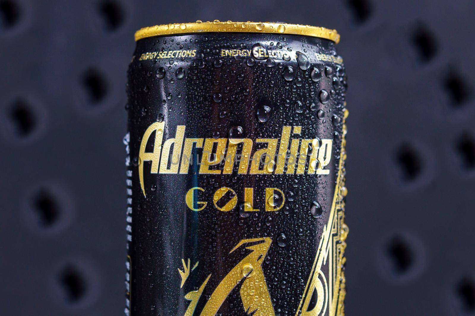 Tyumen, Russia-May 25, 2021: Adrenaline Rush Energy drink, metal can. Close up. Black background