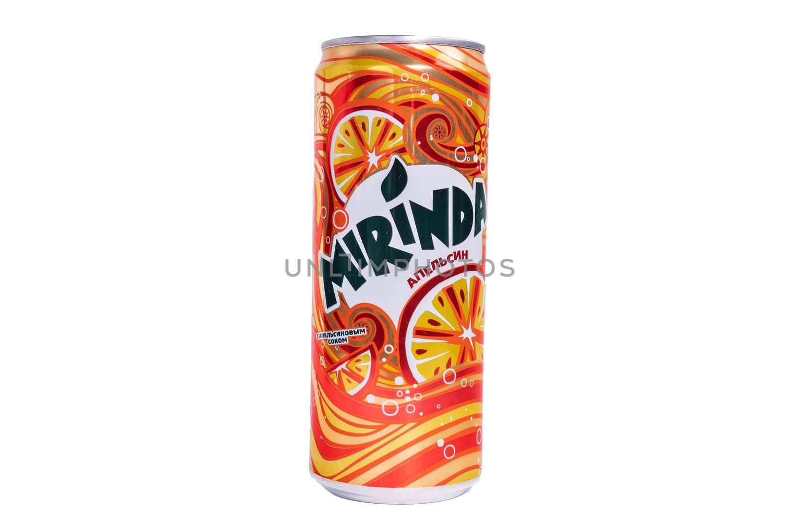 Tyumen, Russia-May 25, 2021: Mirinda can isolated on a white background. Mirinda produced by PepsiCo Inc.