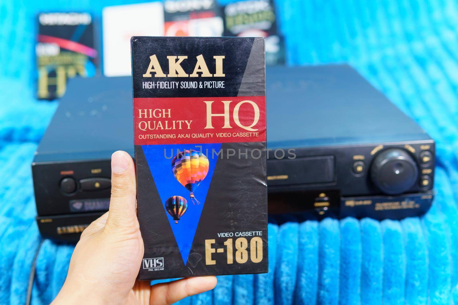 Tyumen, Russia-July 25, 2021: Old video cassettes of akai. Selective focus by darksoul72
