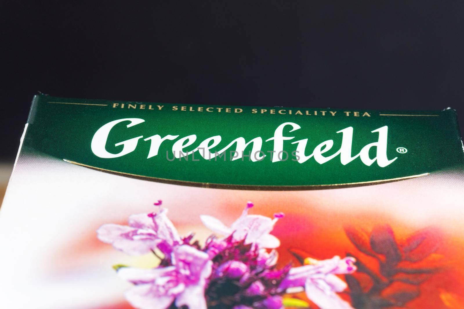 Tyumen, Russia-May 25, 2021: Greenfield Spring Melody tea bags. Manufactured by Orimi Trade and Greenfield Tea ltd. by darksoul72