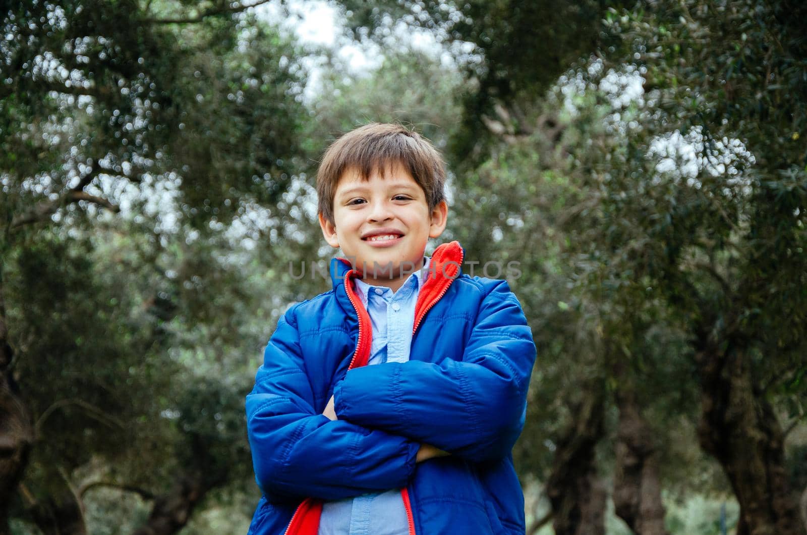 Portrait of boy standing with arms crossed in park