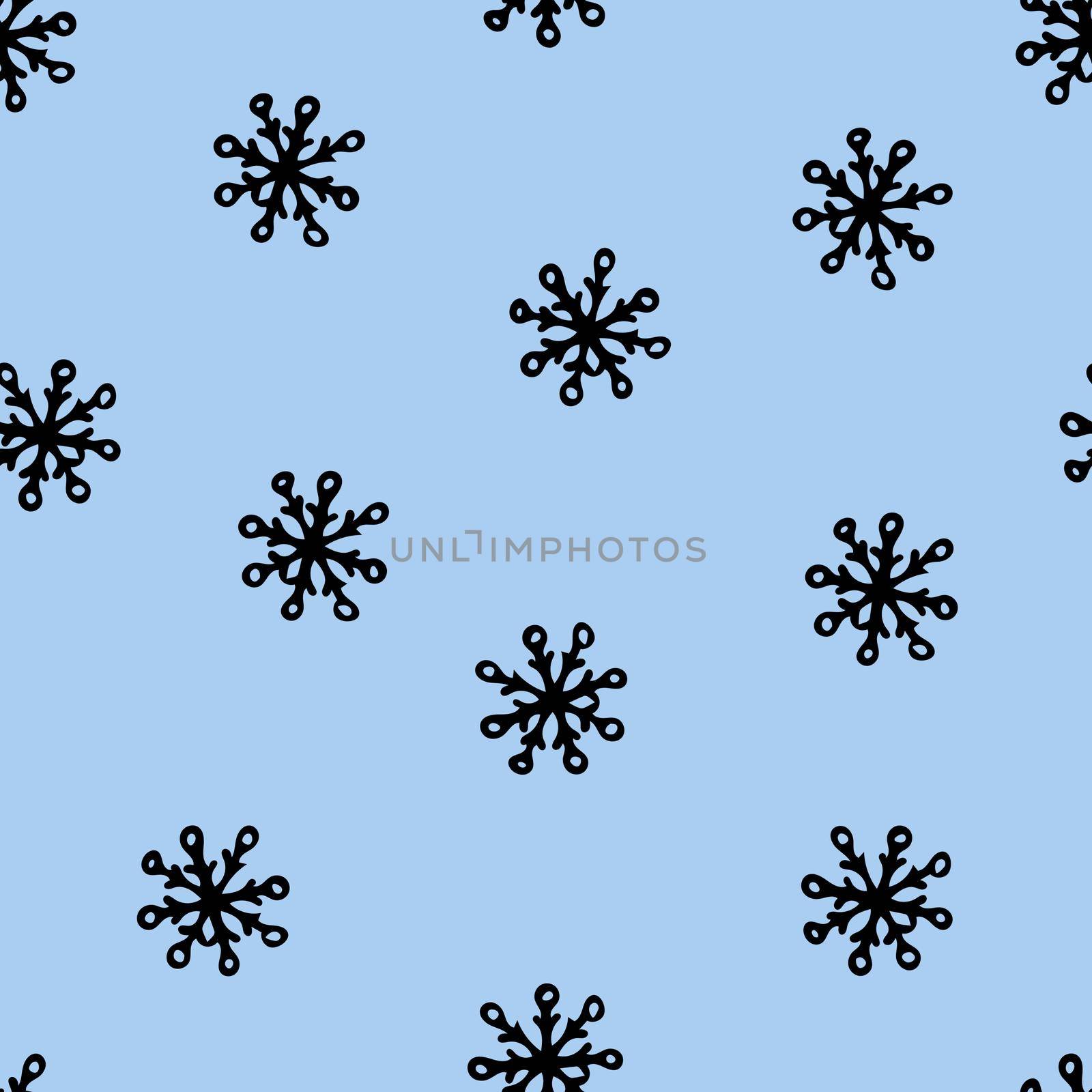 Seamless Pattern with Black Snowflakes on Light Blue Background. Abstract Hand-Drawn Doodle Snowflakes.