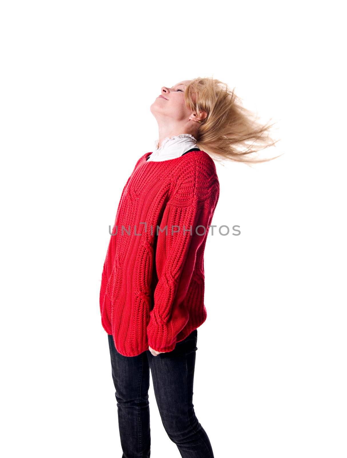 Excited blond girl isolated on white