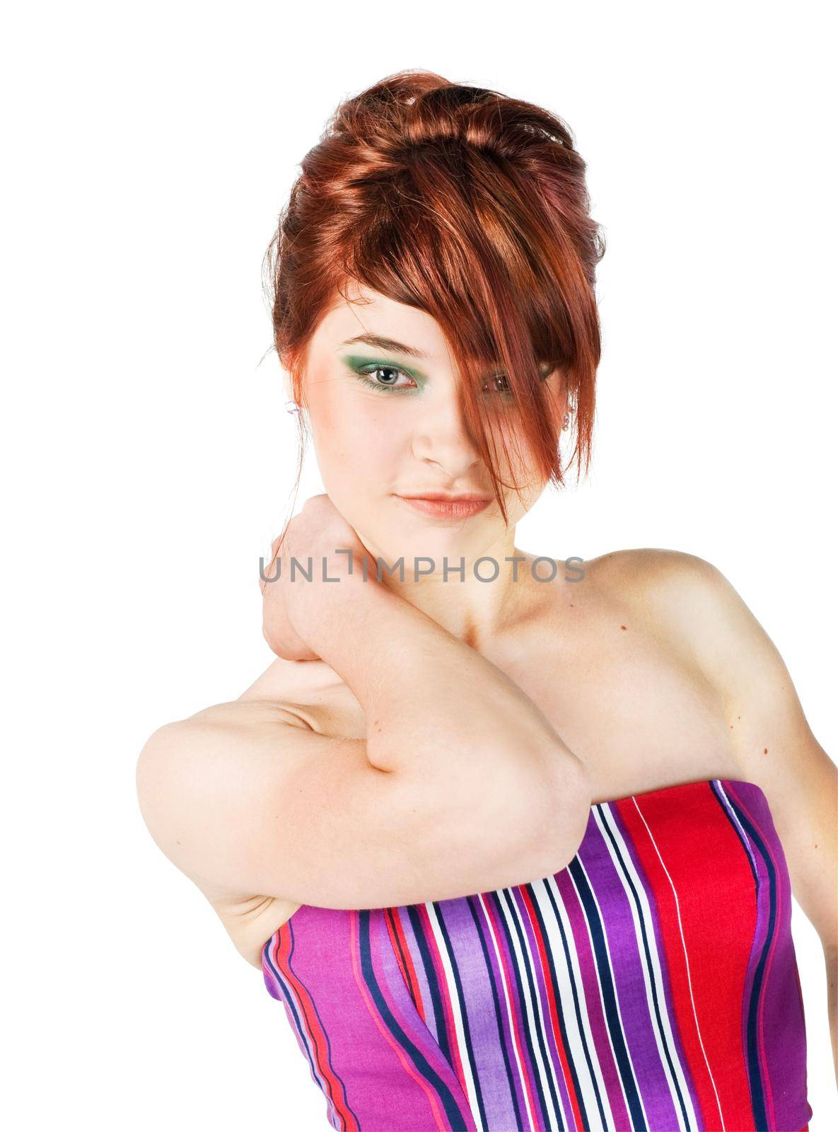 beautiful red girl isolated on white background
