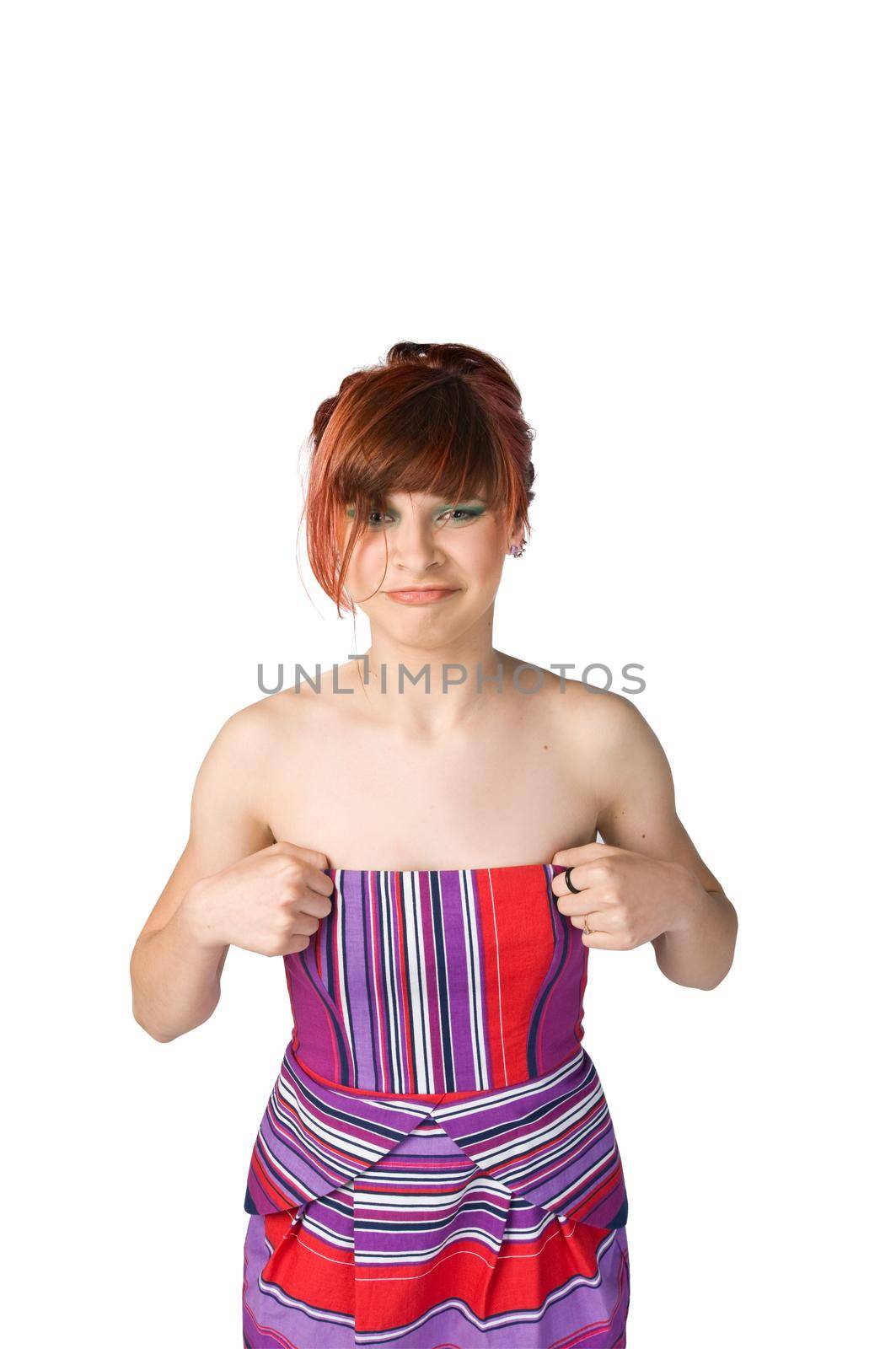 Beautiful red haired girl isolated on white background