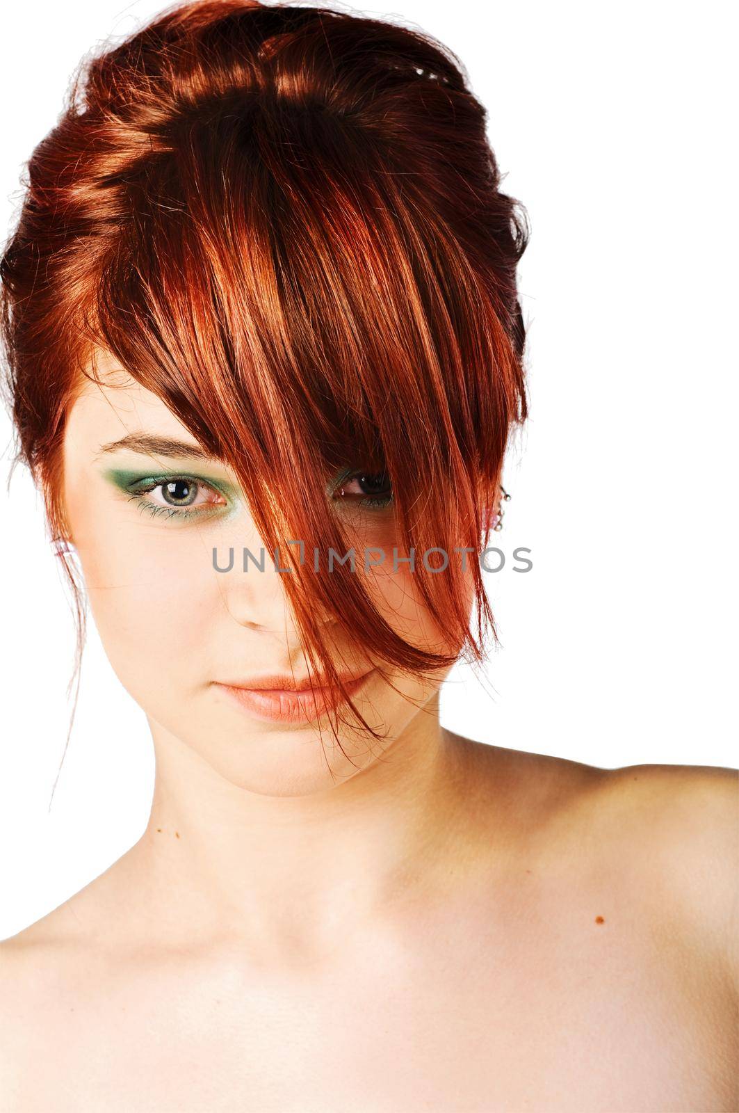 beautiful red girl isolated on white background