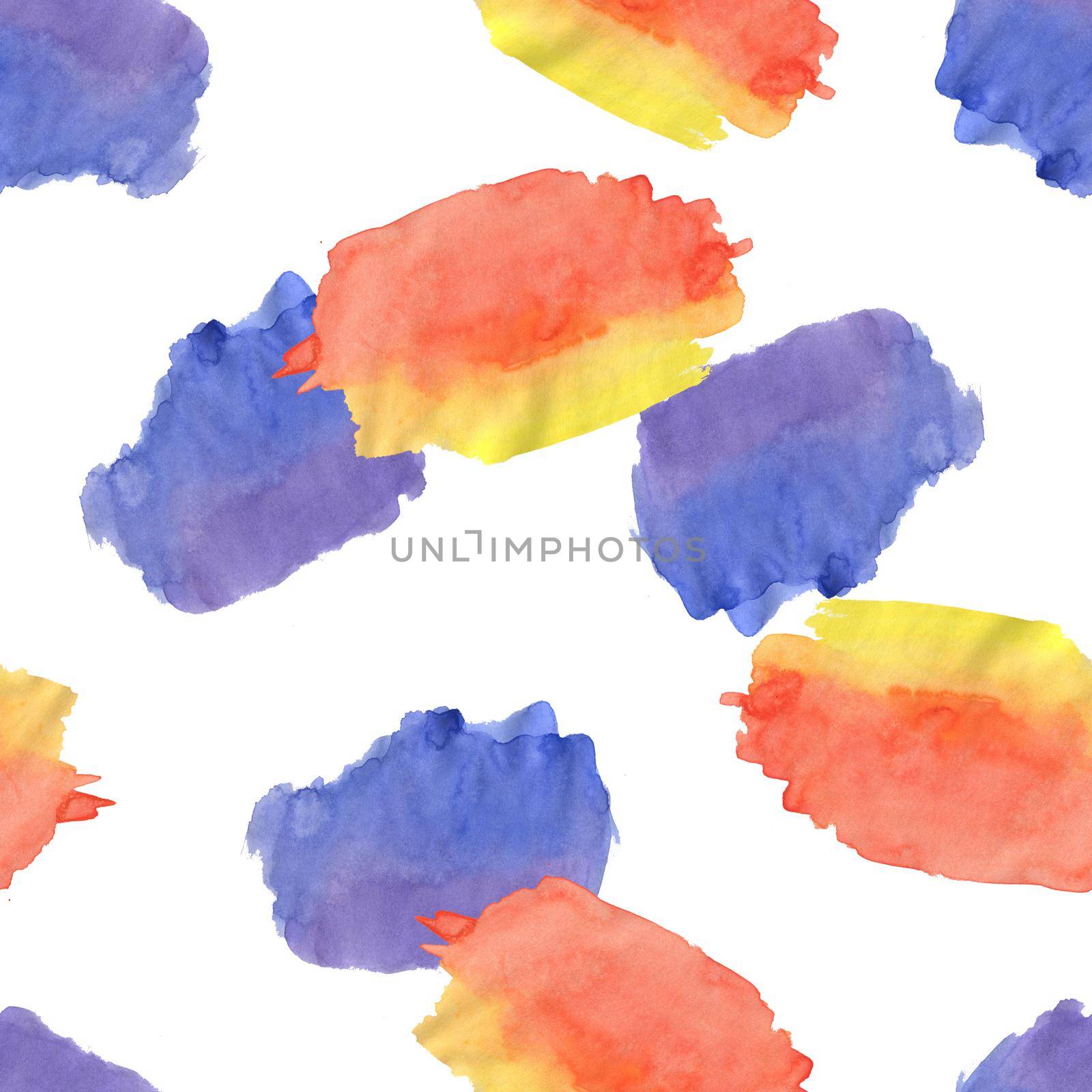 Seamless Pattern with Red, Yellow, Blue Watercolor Spots. Hand Drawn Blobs on White Background.
