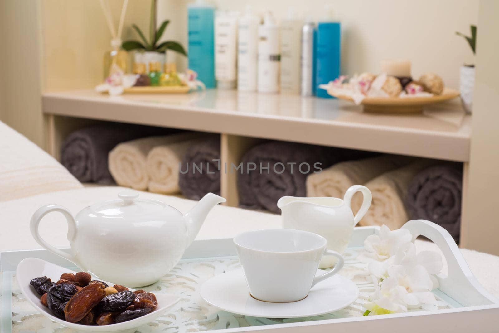 English tea set with dried fruit dessert in SPA salon