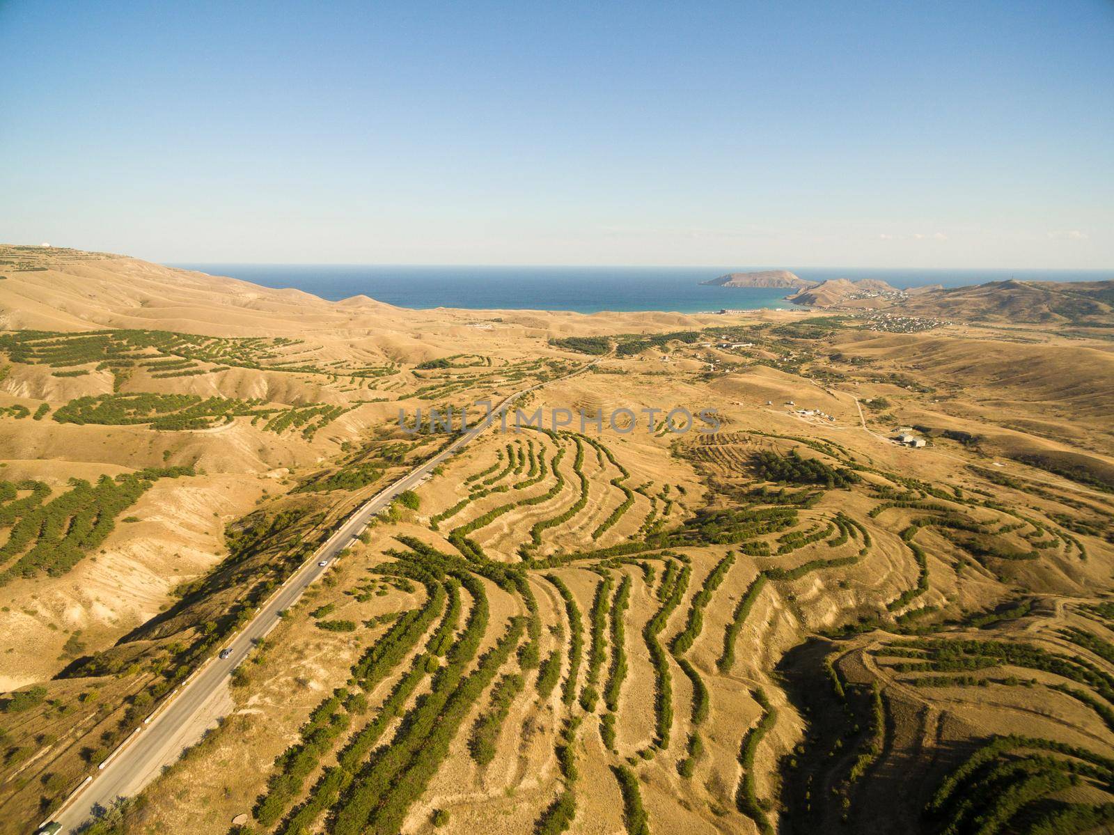Late summer aerial landscape in Crimea mountains near Black Sea