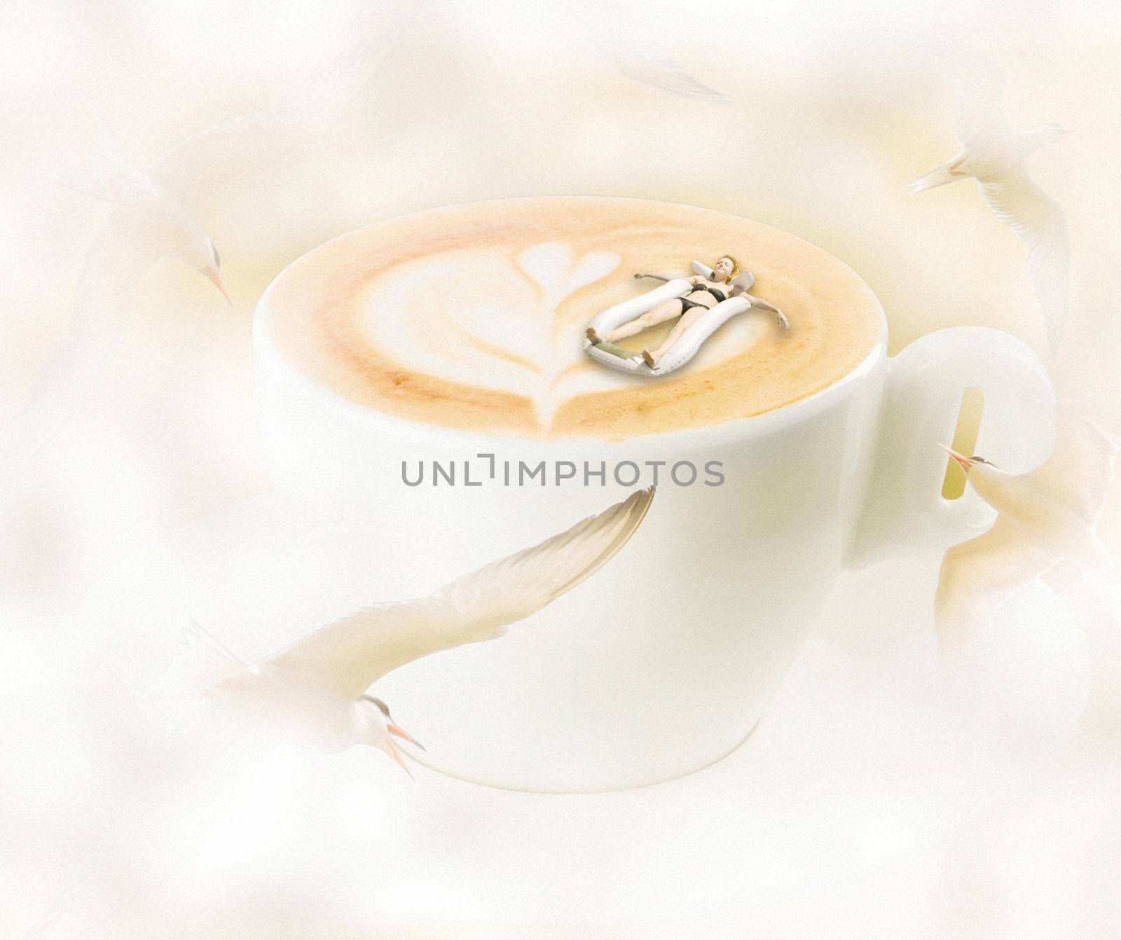 Happy woman using coffee cup as swimming pool