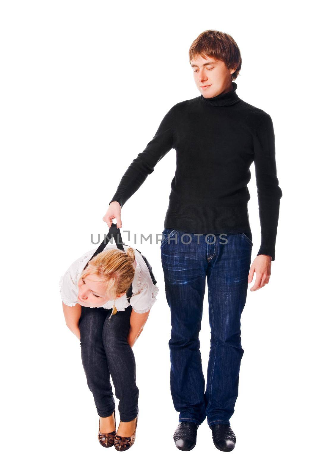 man keeps woman isolated on white