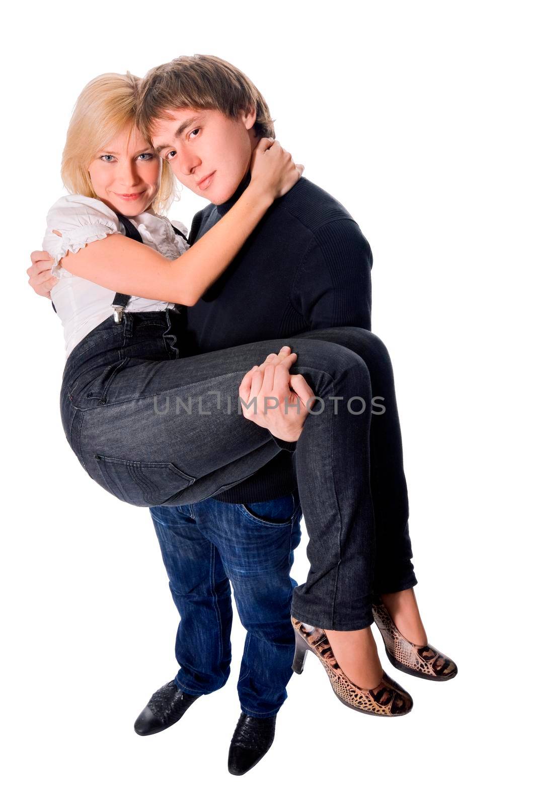 Loving romantic couple isolated on white background