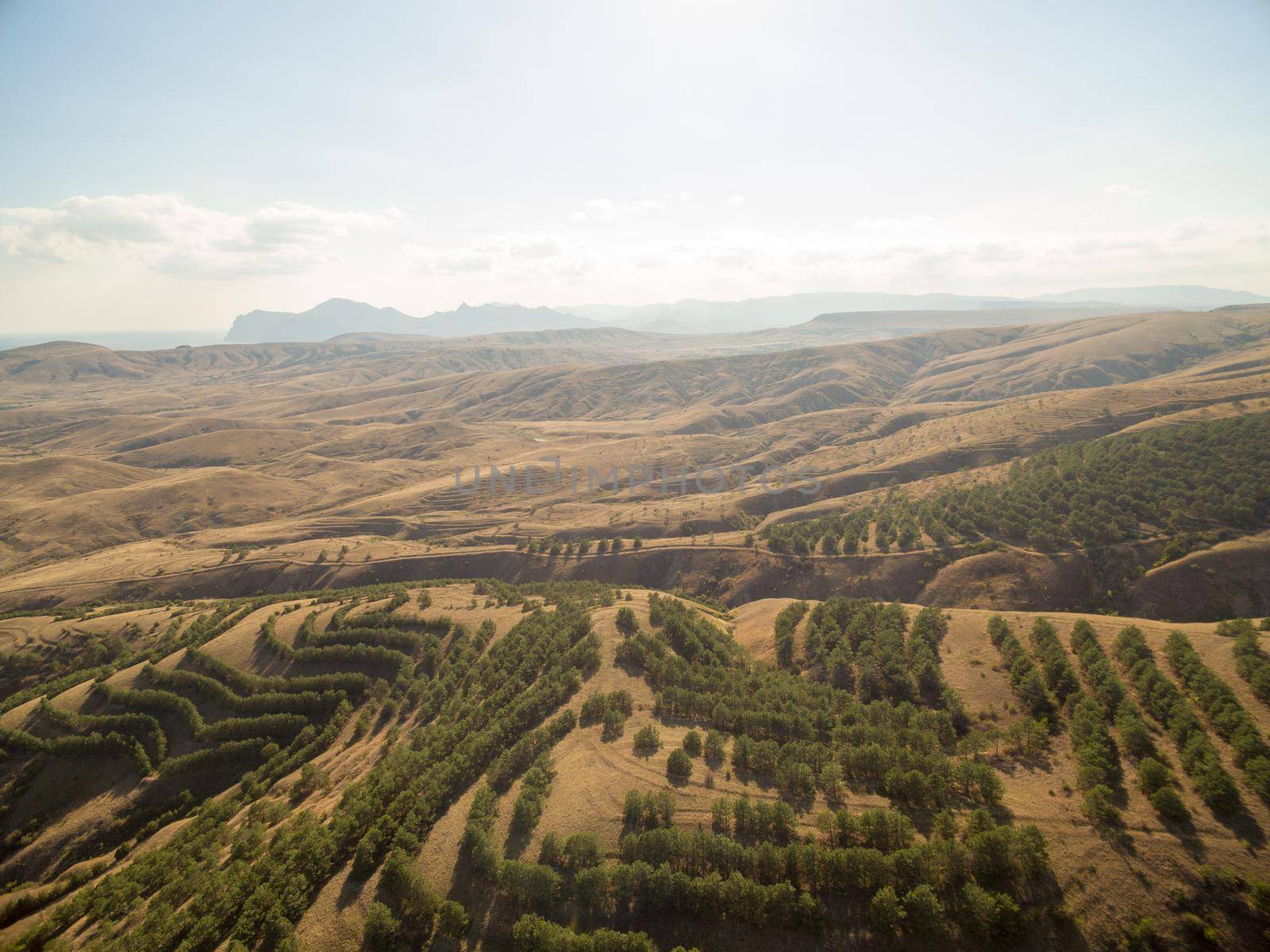 Late summer aerial landscape in Crimea mountains near Black Sea