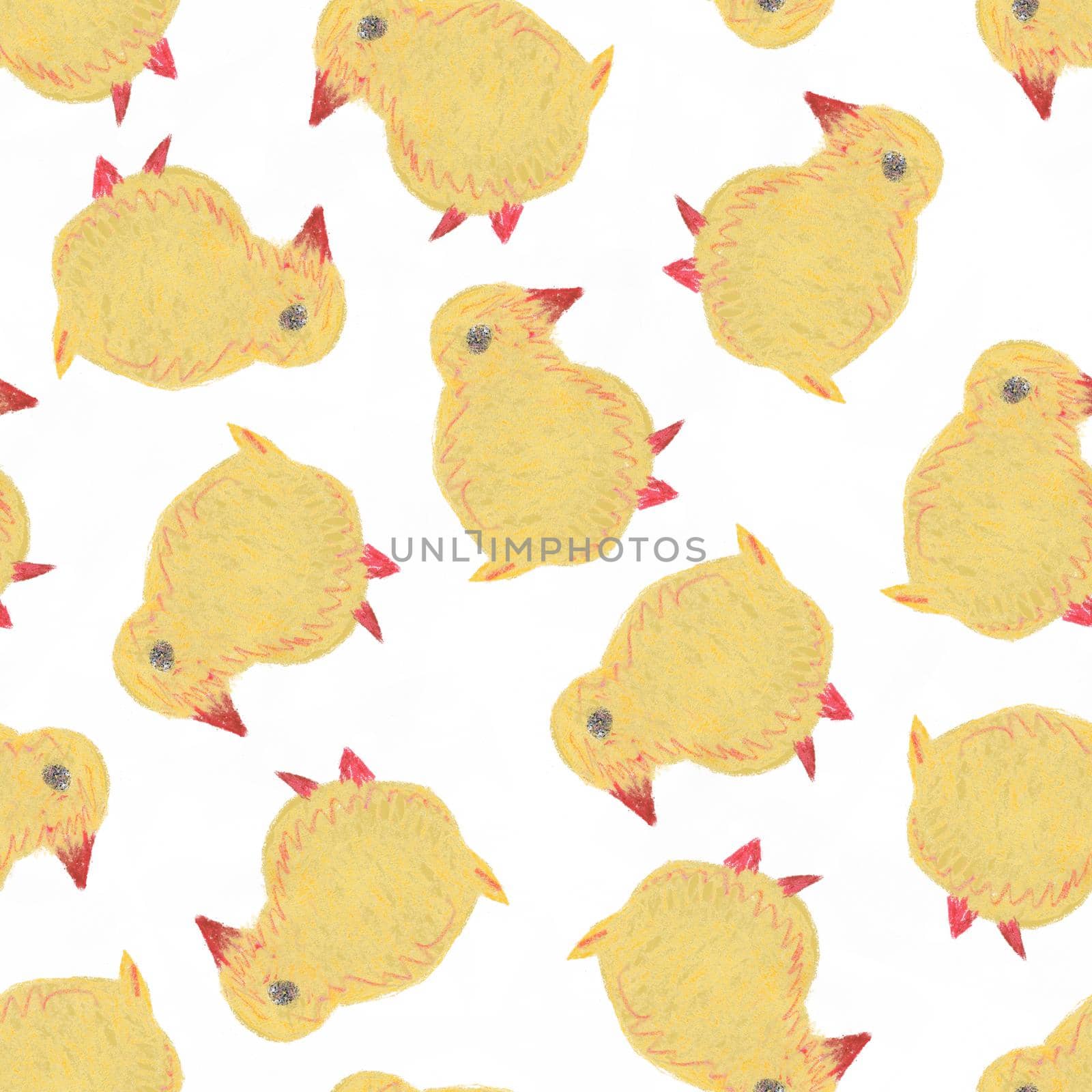 Cute Cartoon Hand Drawn Seamless Pattern With Little Yellow Chick. Funny Easter Watercolor Chicken on White Background.