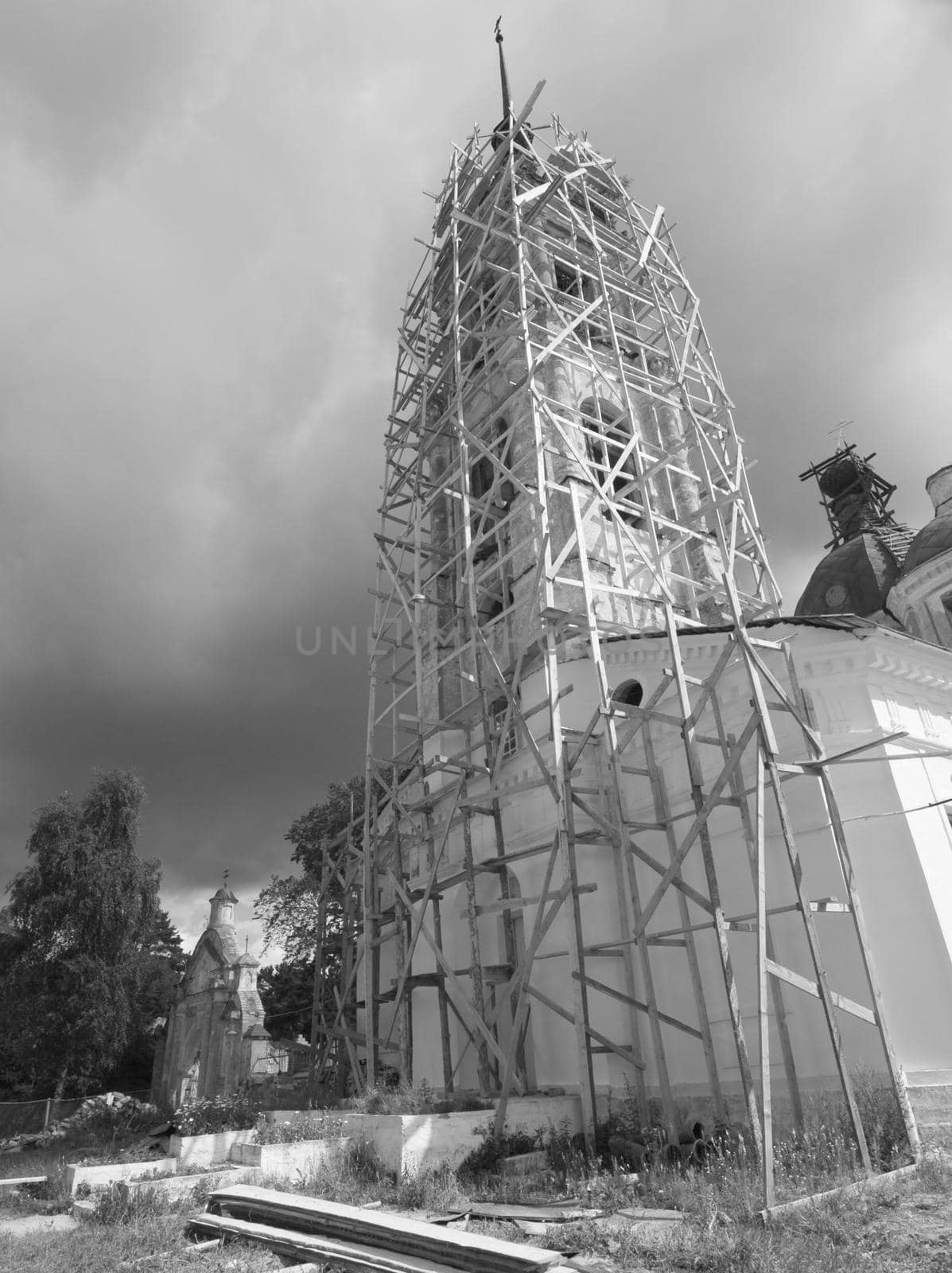 Ancient cathedral is being repaired. It is all in scaffolding