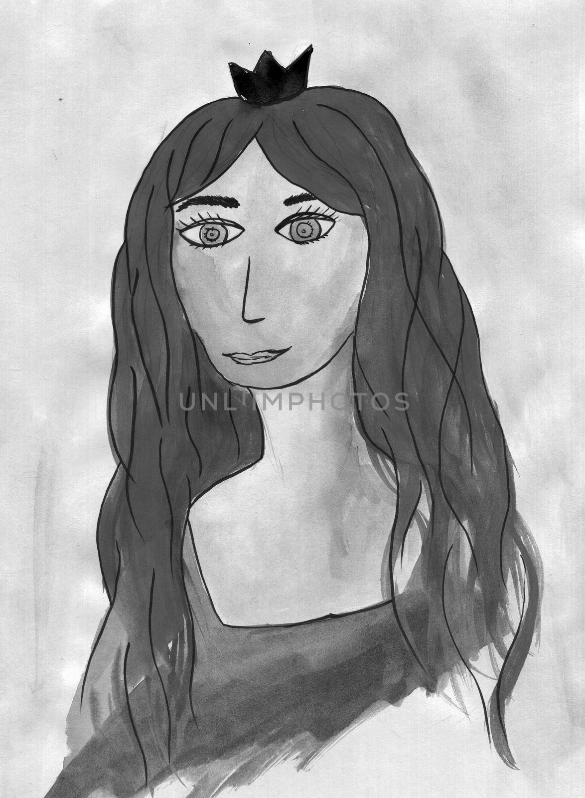 Black and White Hand Drawn Watercolor Beautiful Princess. Watercolor Painting Portrait Illustration.