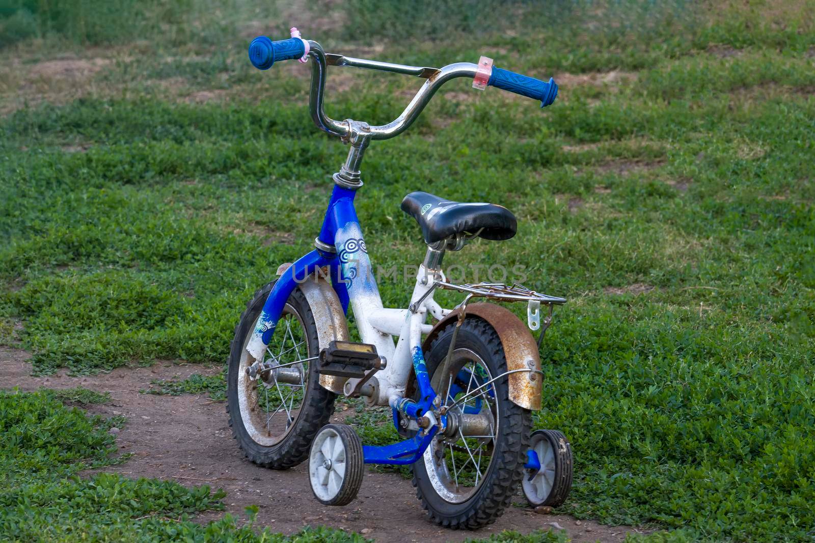 Children's teenage bike blue on green lawn. by Essffes
