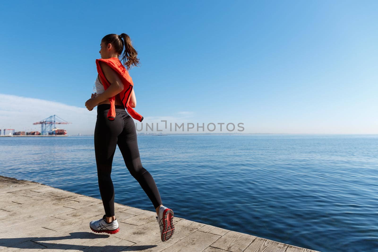 Rear view of sportswoman running along the seaside promenade. Fitness woman jogging near sea by Benzoix